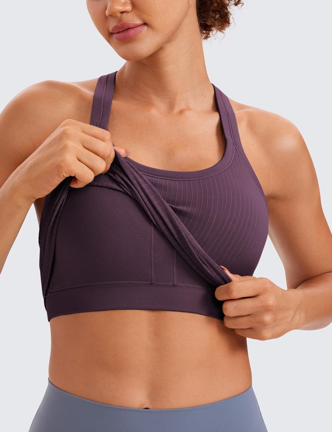 image:imageCRZ YOGA Seamless Ribbed Scoop Neck Tank Top for Women Workout Racerback Padded Athletic Camisole with Built in BraGrape Thistle Purple