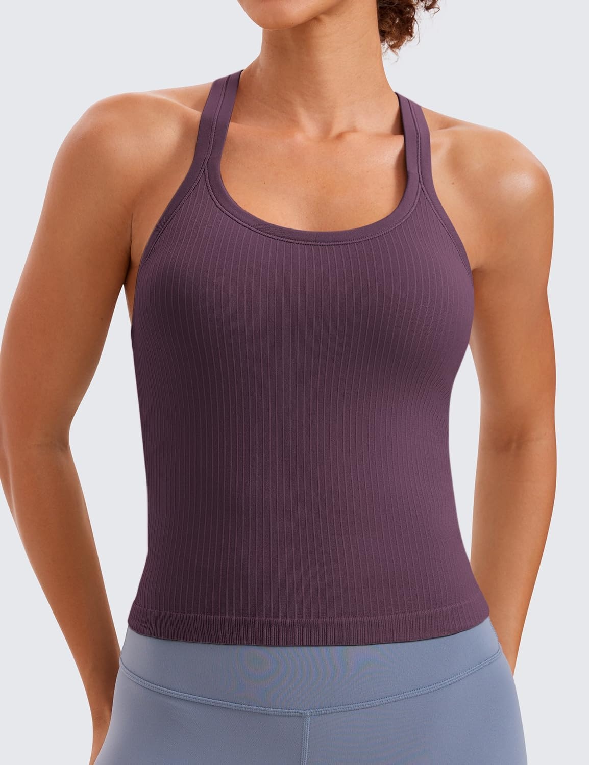 image:imageCRZ YOGA Seamless Ribbed Scoop Neck Tank Top for Women Workout Racerback Padded Athletic Camisole with Built in BraGrape Thistle Purple