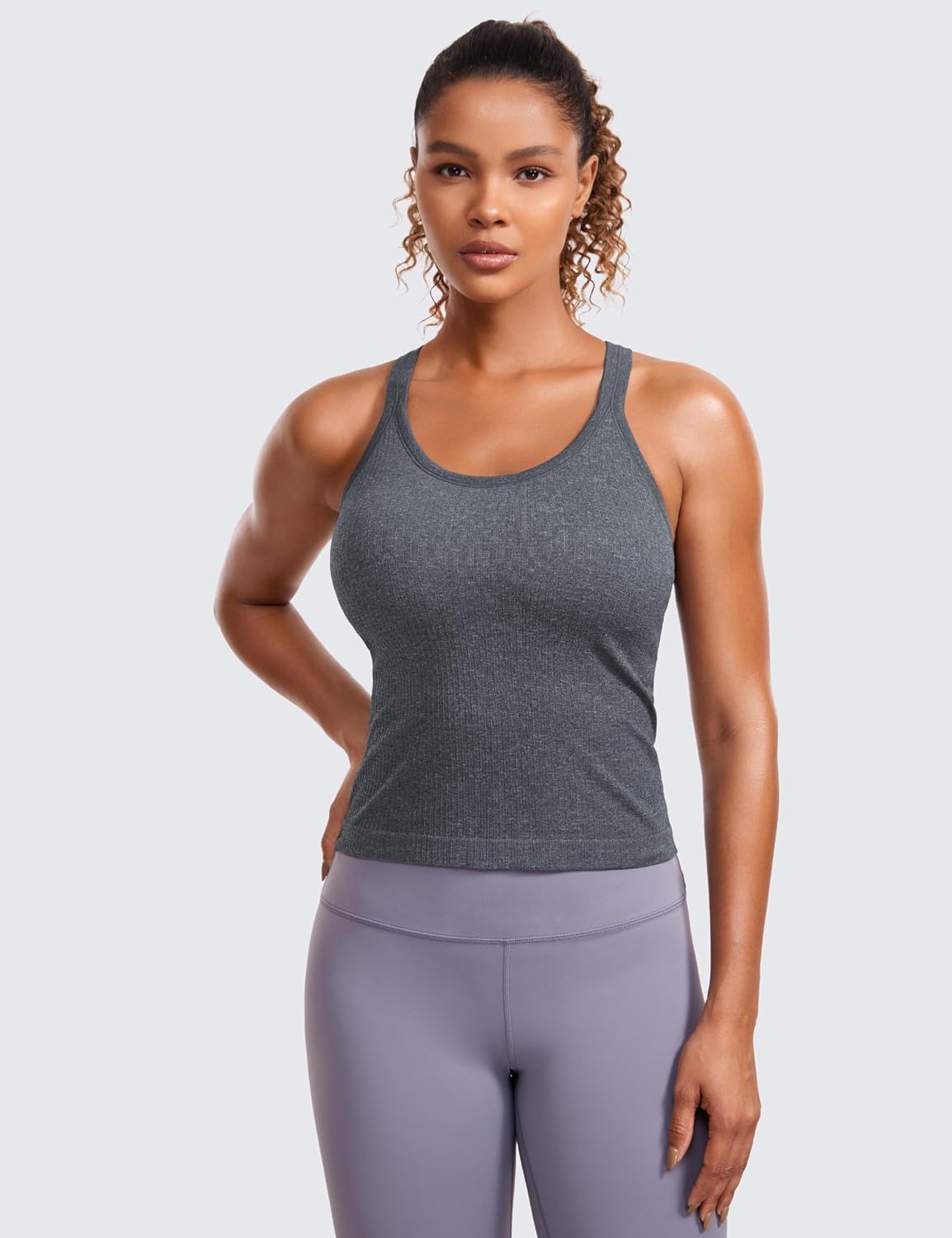 image:imageCRZ YOGA Seamless Ribbed Scoop Neck Tank Top for Women Workout Racerback Padded Athletic Camisole with Built in BraLight Gray 7