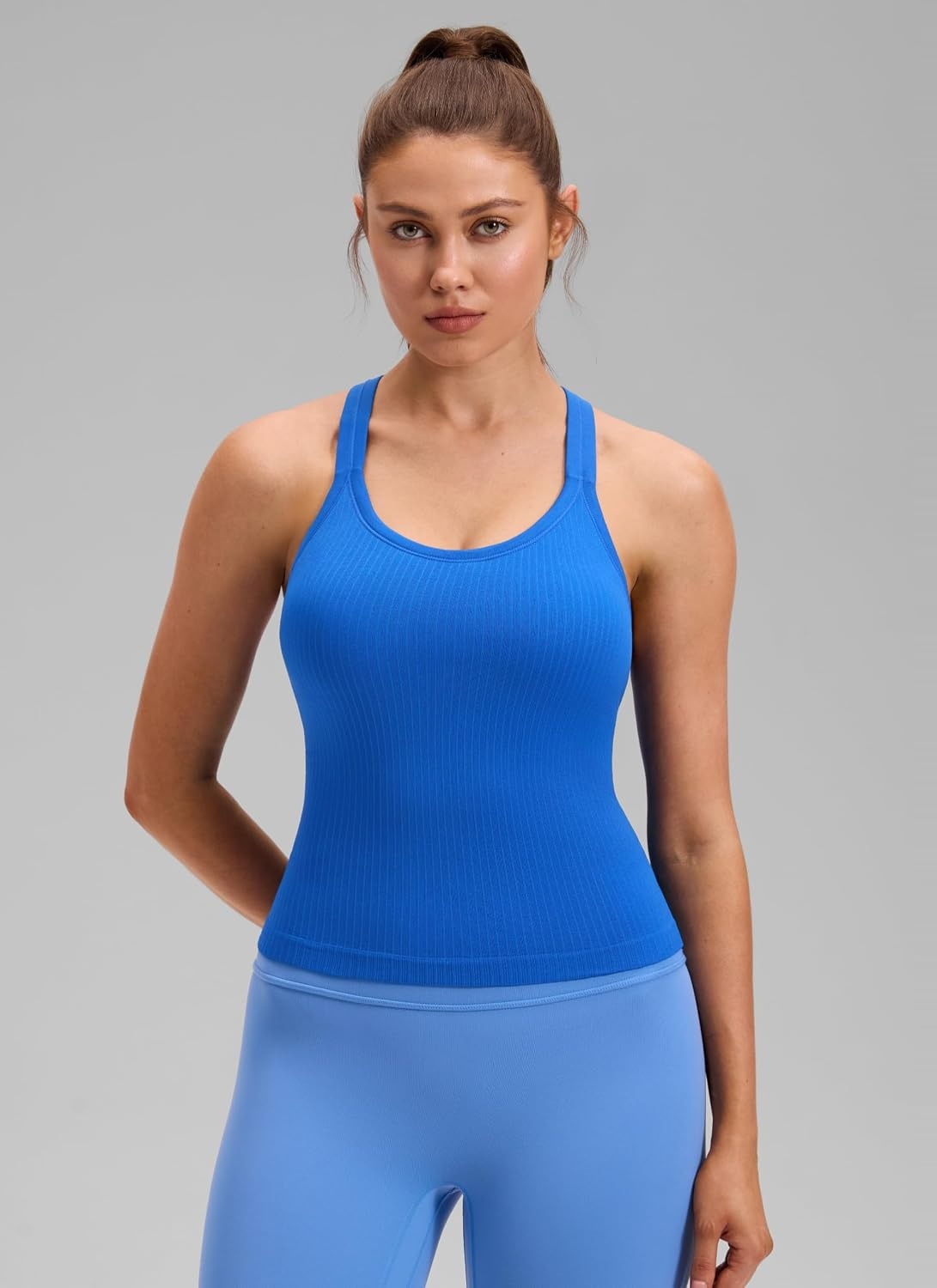 image:imageCRZ YOGA Seamless Ribbed Scoop Neck Tank Top for Women Workout Racerback Padded Athletic Camisole with Built in BraSparkle Blue