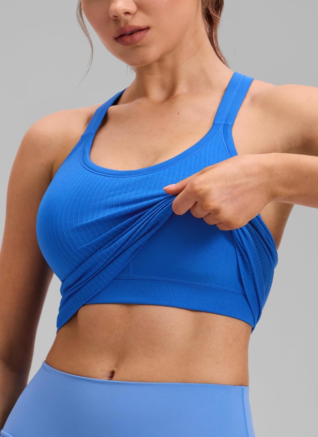 image:imageCRZ YOGA Seamless Ribbed Scoop Neck Tank Top for Women Workout Racerback Padded Athletic Camisole with Built in BraSparkle Blue