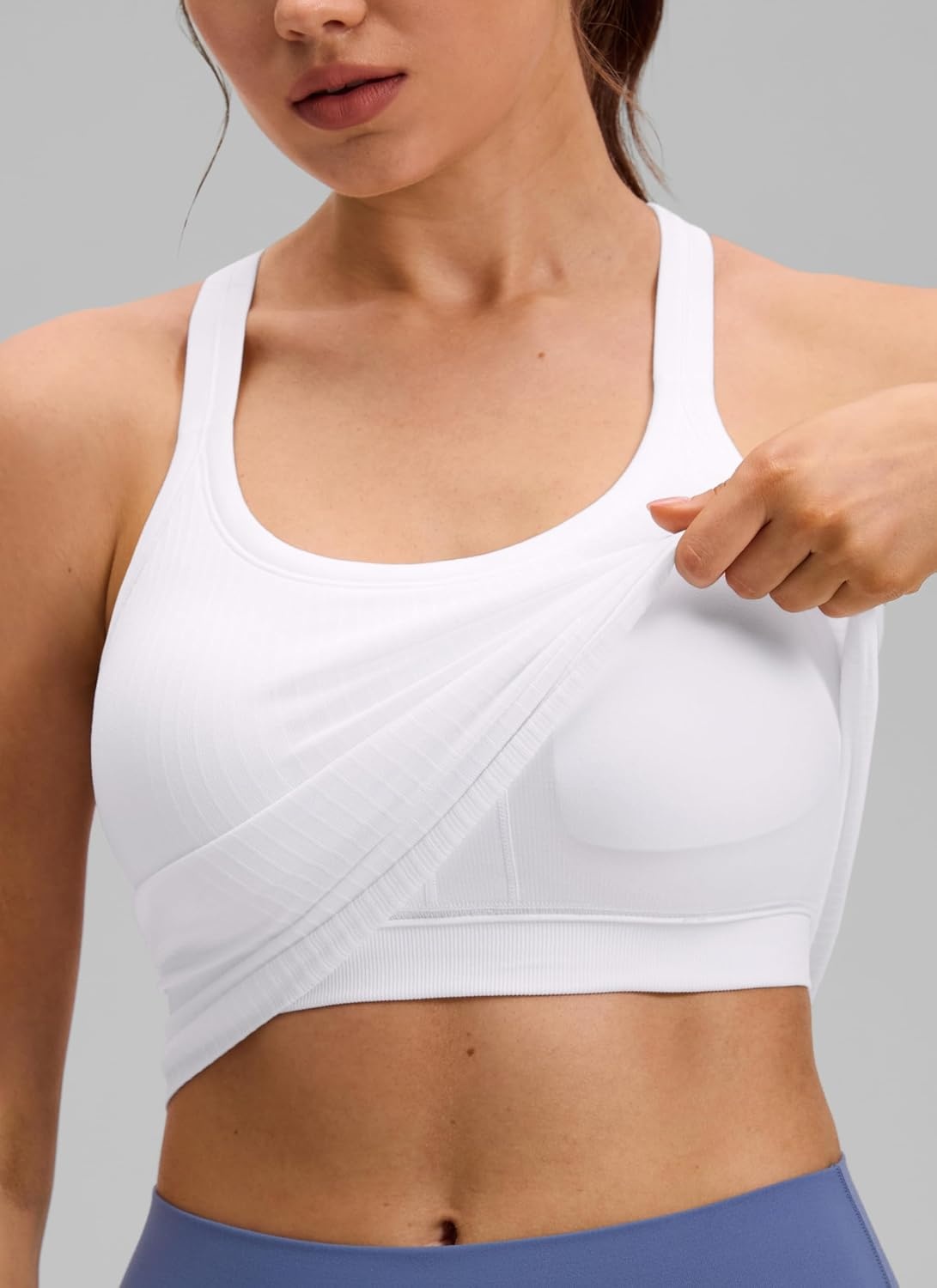 image:imageCRZ YOGA Seamless Ribbed Scoop Neck Tank Top for Women Workout Racerback Padded Athletic Camisole with Built in BraWhite