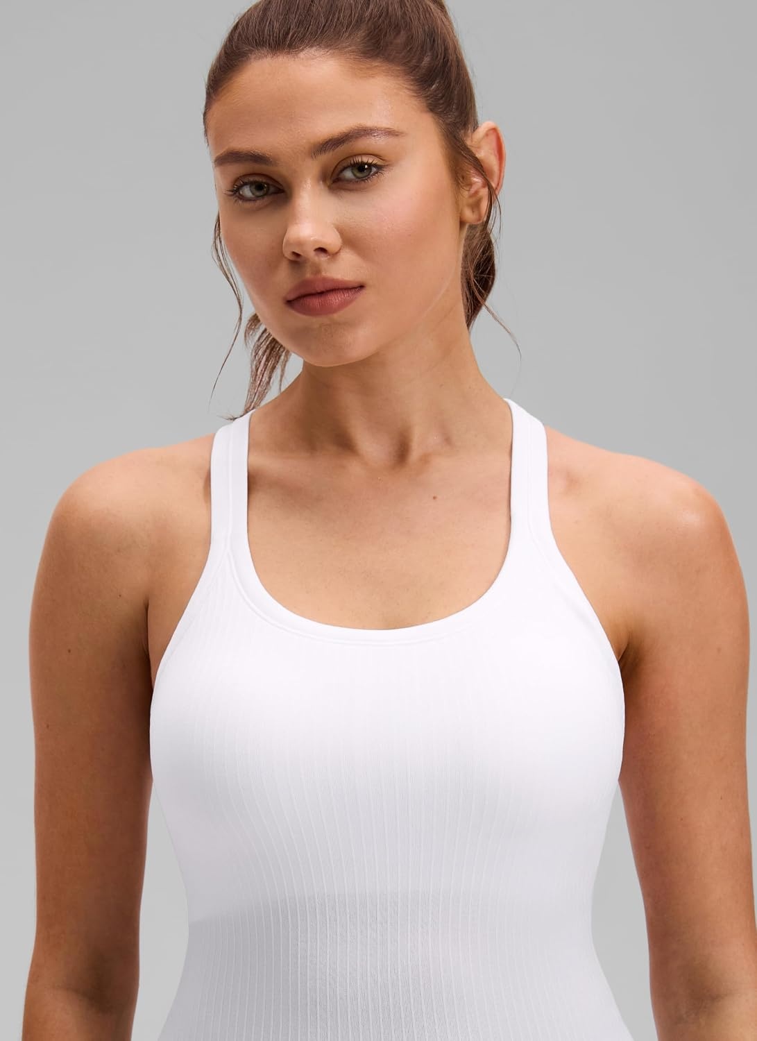 image:imageCRZ YOGA Seamless Ribbed Scoop Neck Tank Top for Women Workout Racerback Padded Athletic Camisole with Built in BraWhite