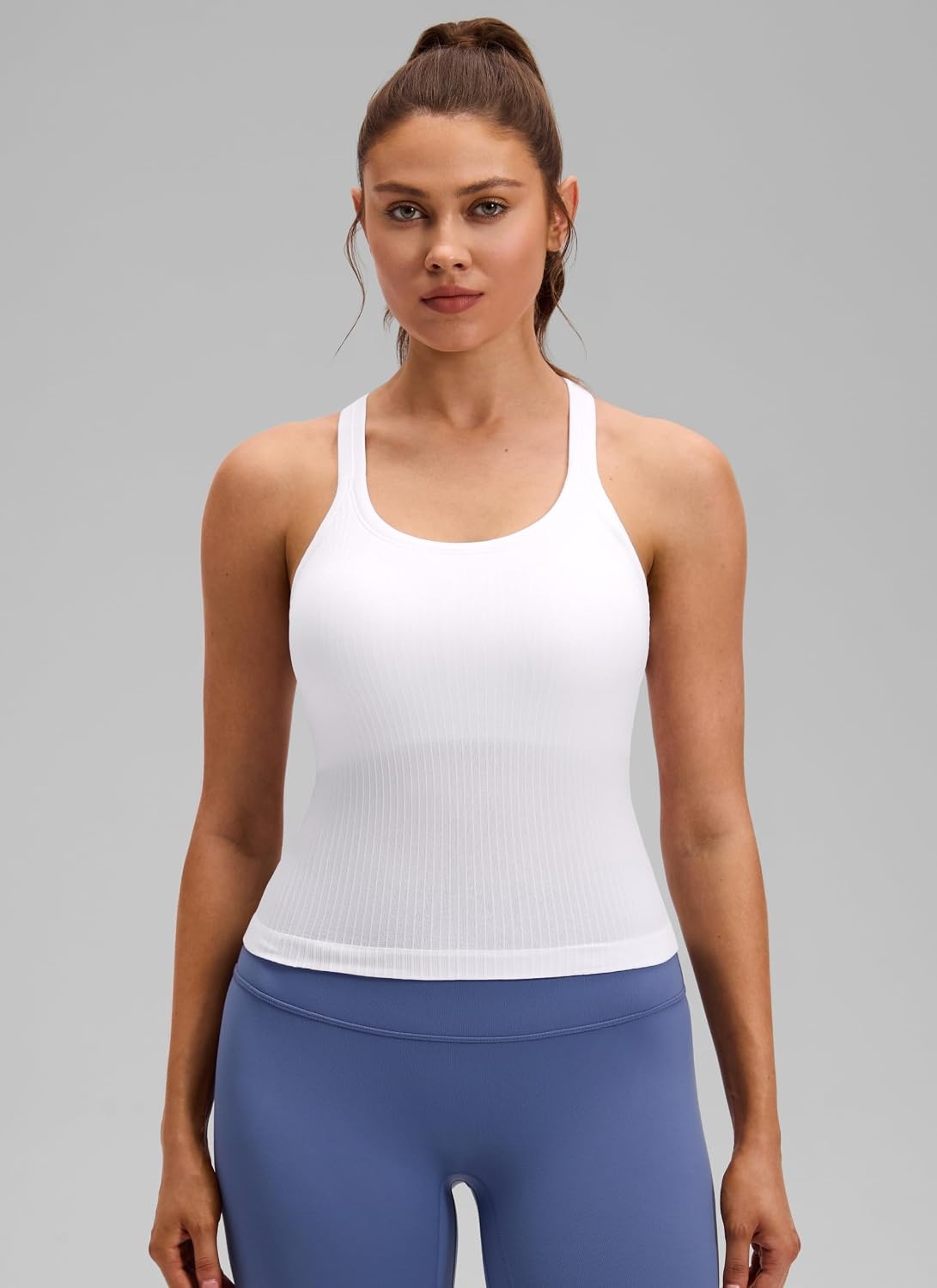 image:imageCRZ YOGA Seamless Ribbed Scoop Neck Tank Top for Women Workout Racerback Padded Athletic Camisole with Built in BraWhite