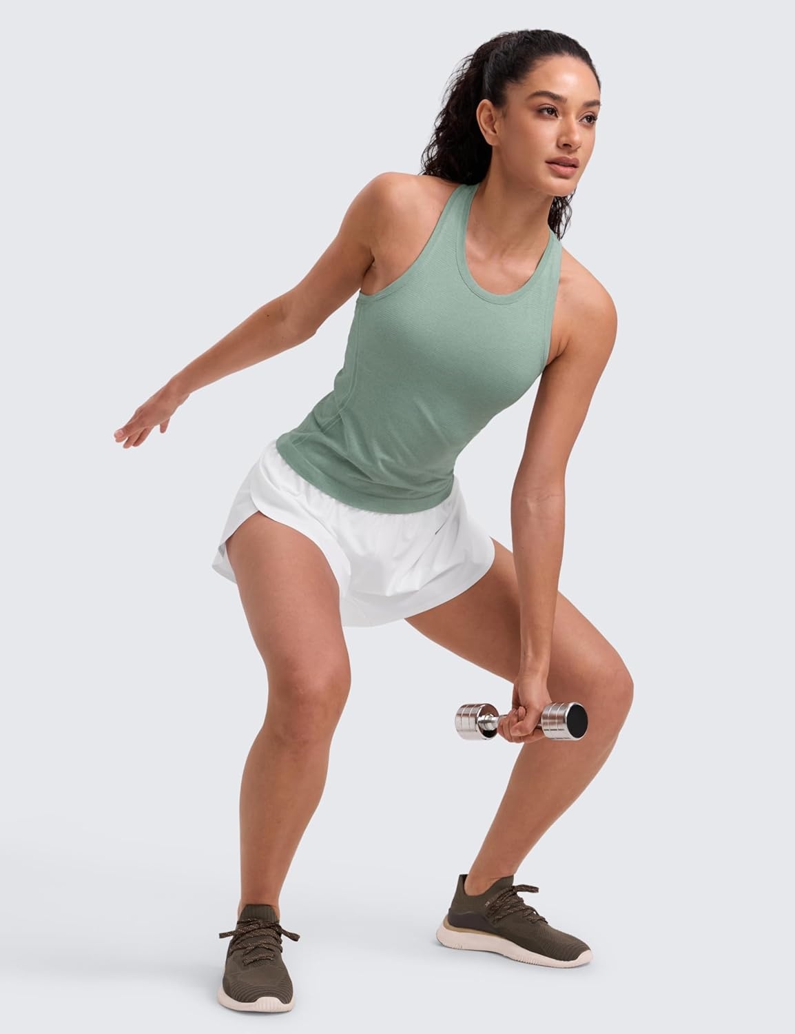 image:imageCRZ YOGA Seamless Workout Tank Tops for Women Athletic Running Gym Sleeveless Shirts Crewneck Racerback BreathableGreen Palm Court Heather