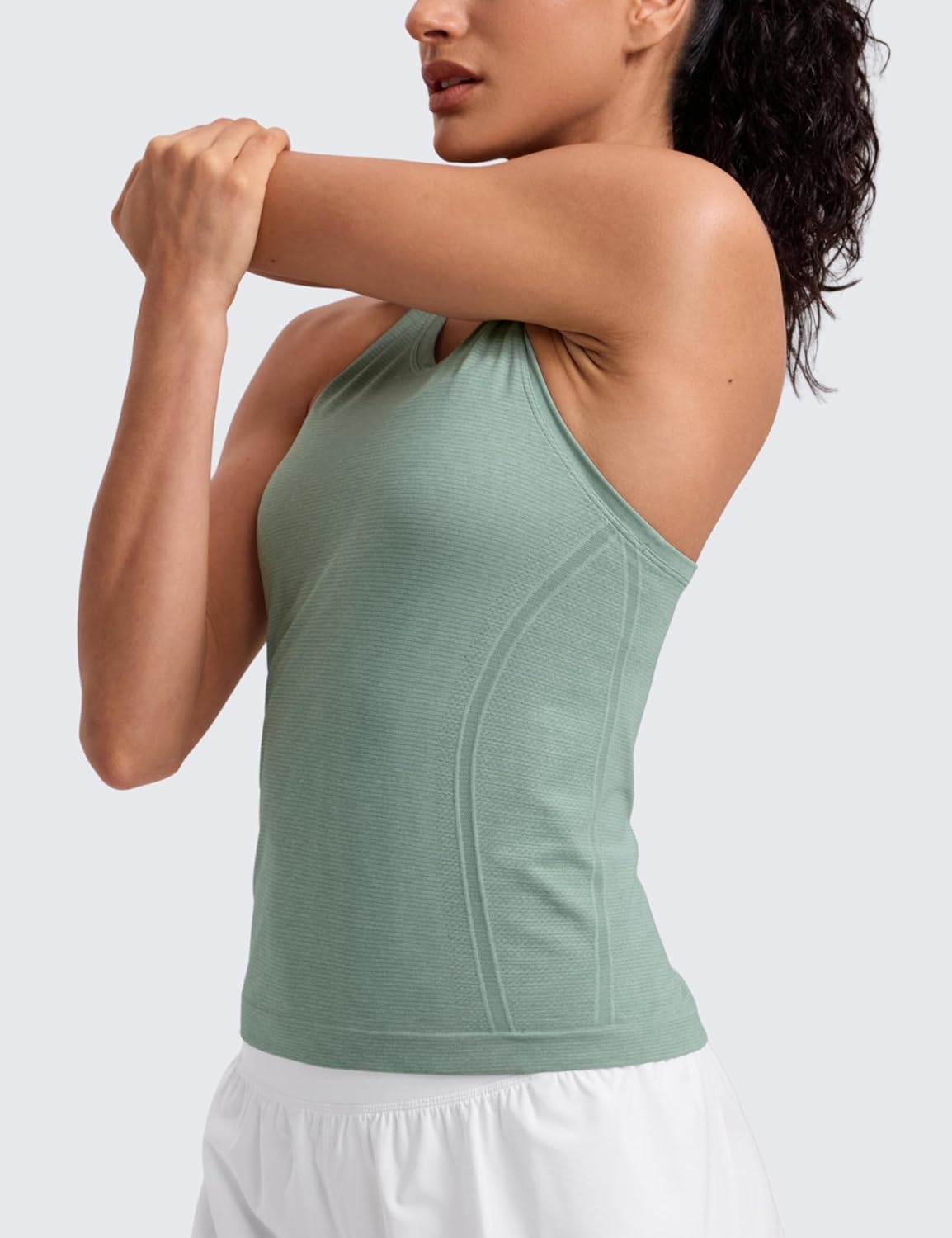 image:imageCRZ YOGA Seamless Workout Tank Tops for Women Athletic Running Gym Sleeveless Shirts Crewneck Racerback BreathableGreen Palm Court Heather