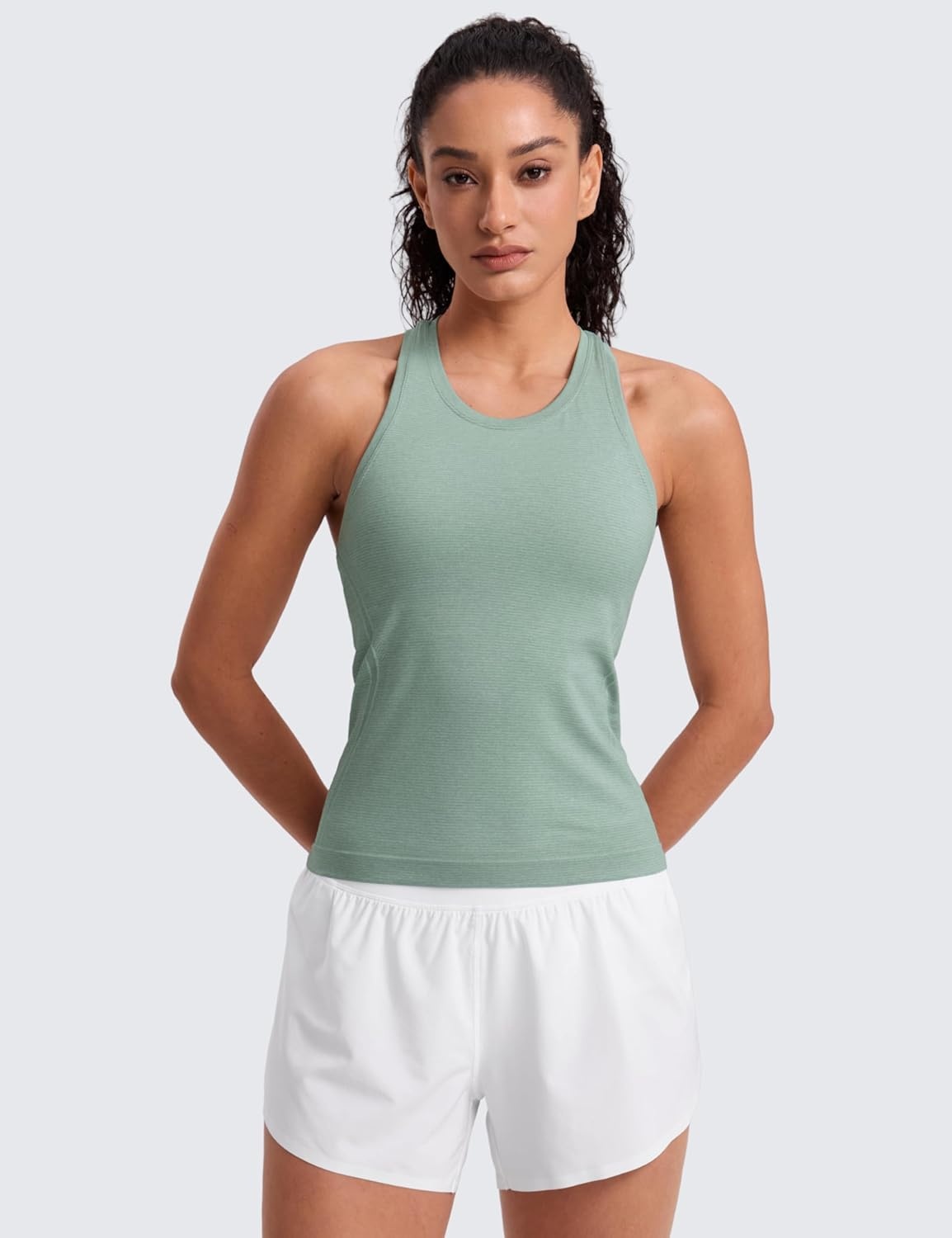 image:imageCRZ YOGA Seamless Workout Tank Tops for Women Athletic Running Gym Sleeveless Shirts Crewneck Racerback BreathableGreen Palm Court Heather