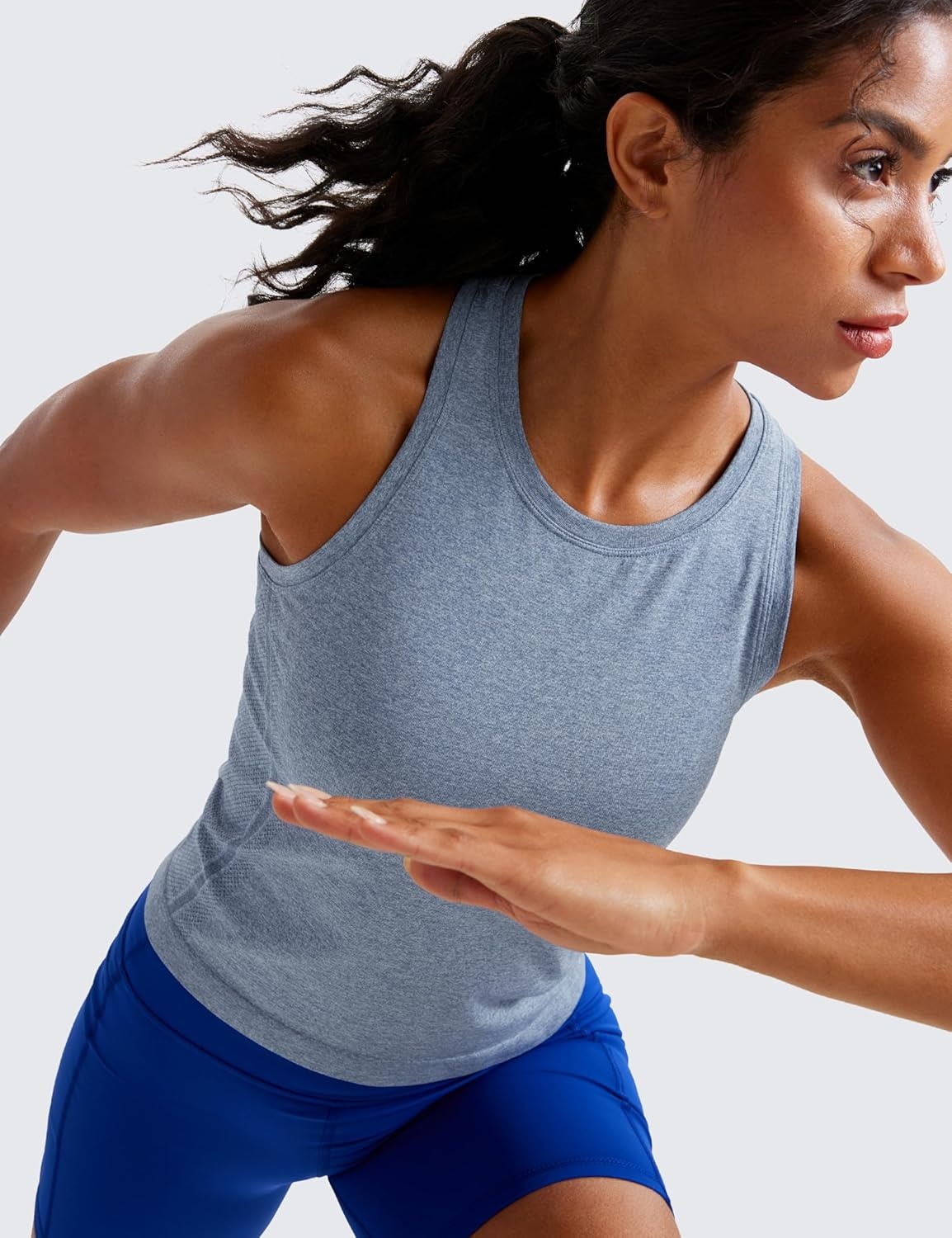 image:imageCRZ YOGA Seamless Workout Tank Tops for Women Athletic Running Gym Sleeveless Shirts Crewneck Racerback BreathableOasis Blue Heather