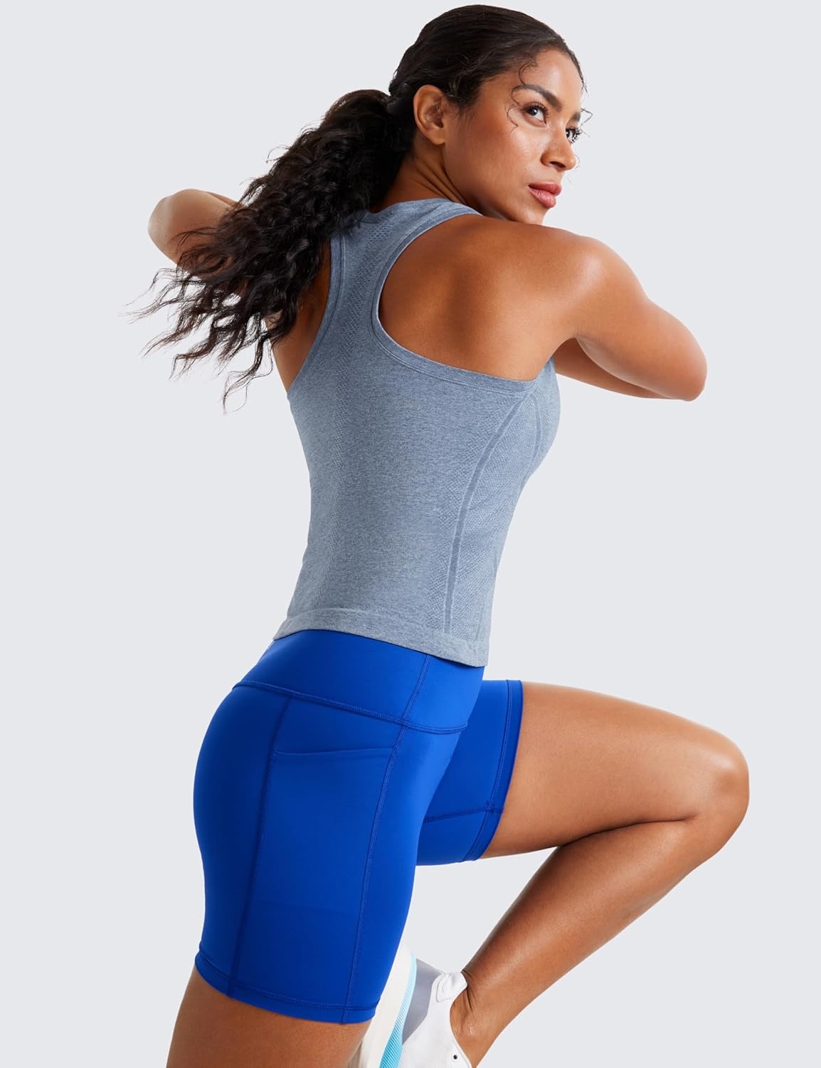 image:imageCRZ YOGA Seamless Workout Tank Tops for Women Athletic Running Gym Sleeveless Shirts Crewneck Racerback BreathableOasis Blue Heather