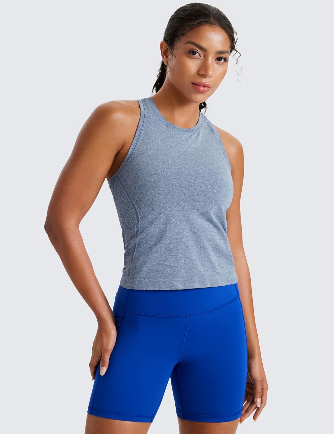 image:imageCRZ YOGA Seamless Workout Tank Tops for Women Athletic Running Gym Sleeveless Shirts Crewneck Racerback BreathableOasis Blue Heather