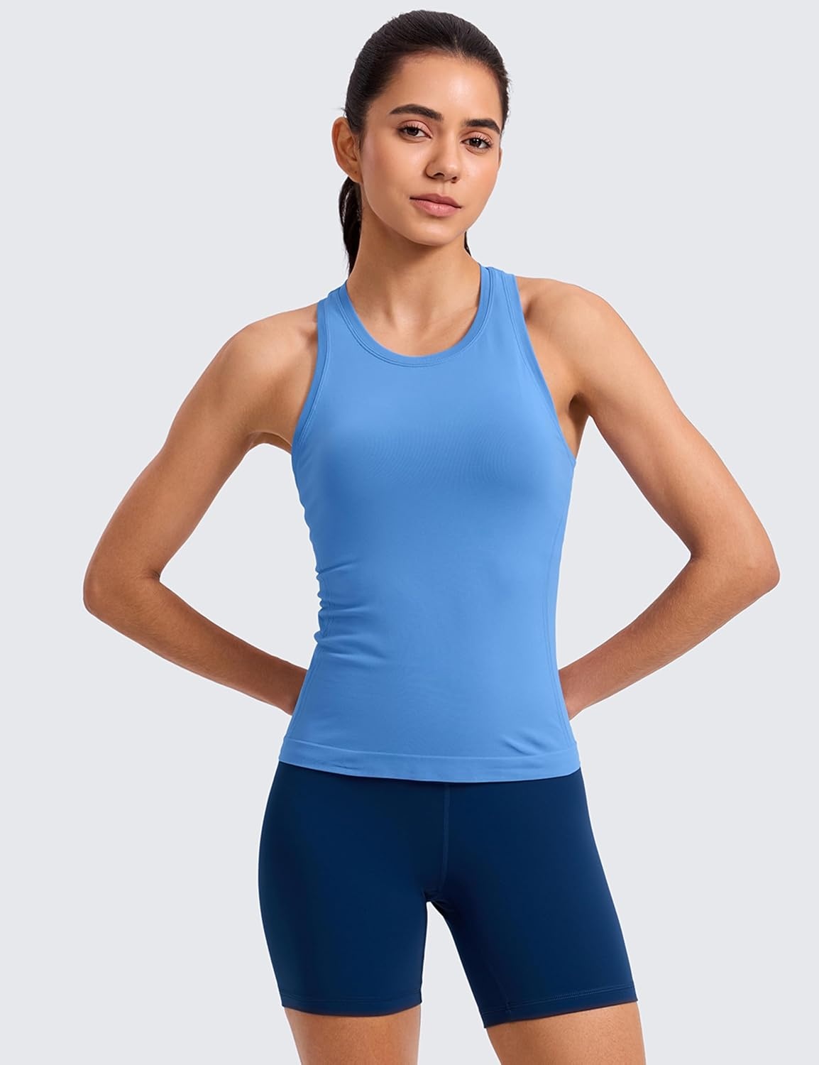 image:imageCRZ YOGA Seamless Workout Tank Tops for Women Athletic Running Gym Sleeveless Shirts Crewneck Racerback BreathableParty Blue