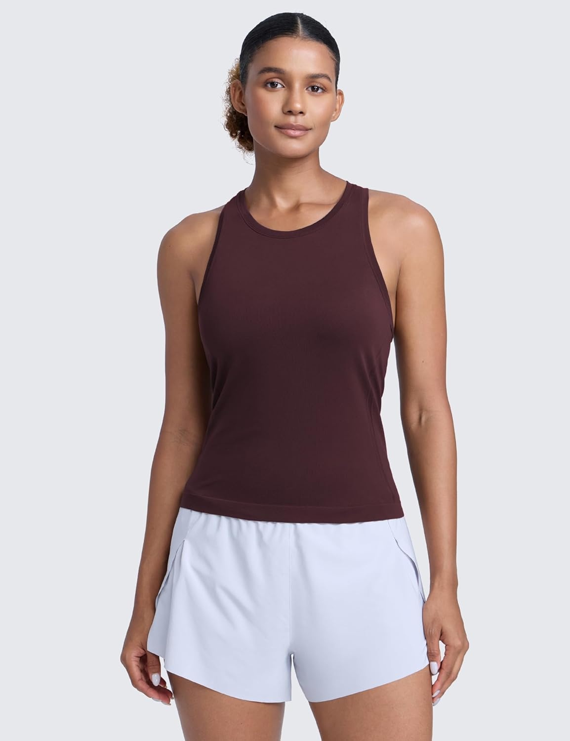 image:imageCRZ YOGA Seamless Workout Tank Tops for Women Athletic Running Gym Sleeveless Shirts Crewneck Racerback BreathableRipe Plum