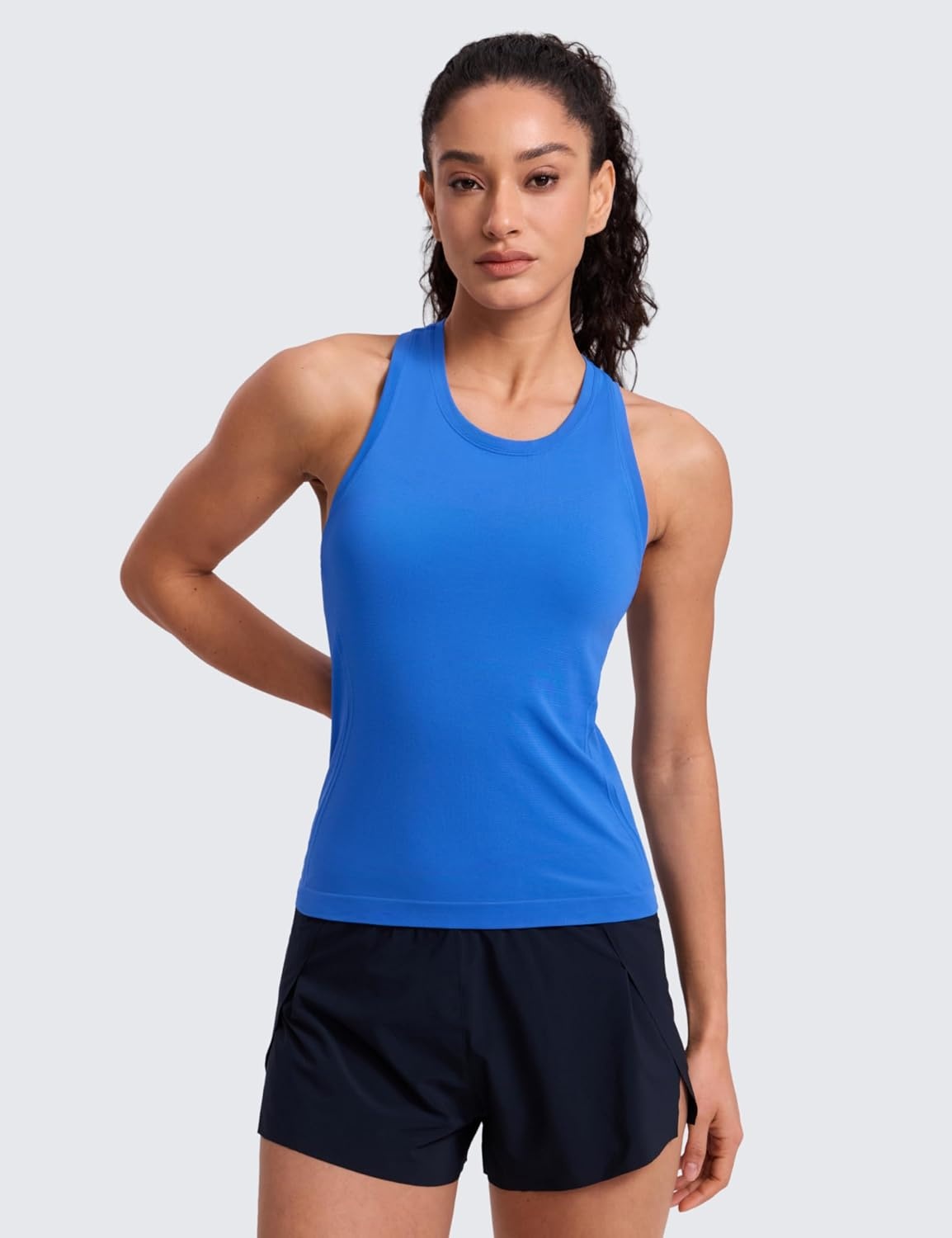 image:imageCRZ YOGA Seamless Workout Tank Tops for Women Athletic Running Gym Sleeveless Shirts Crewneck Racerback BreathableSparkle Blue