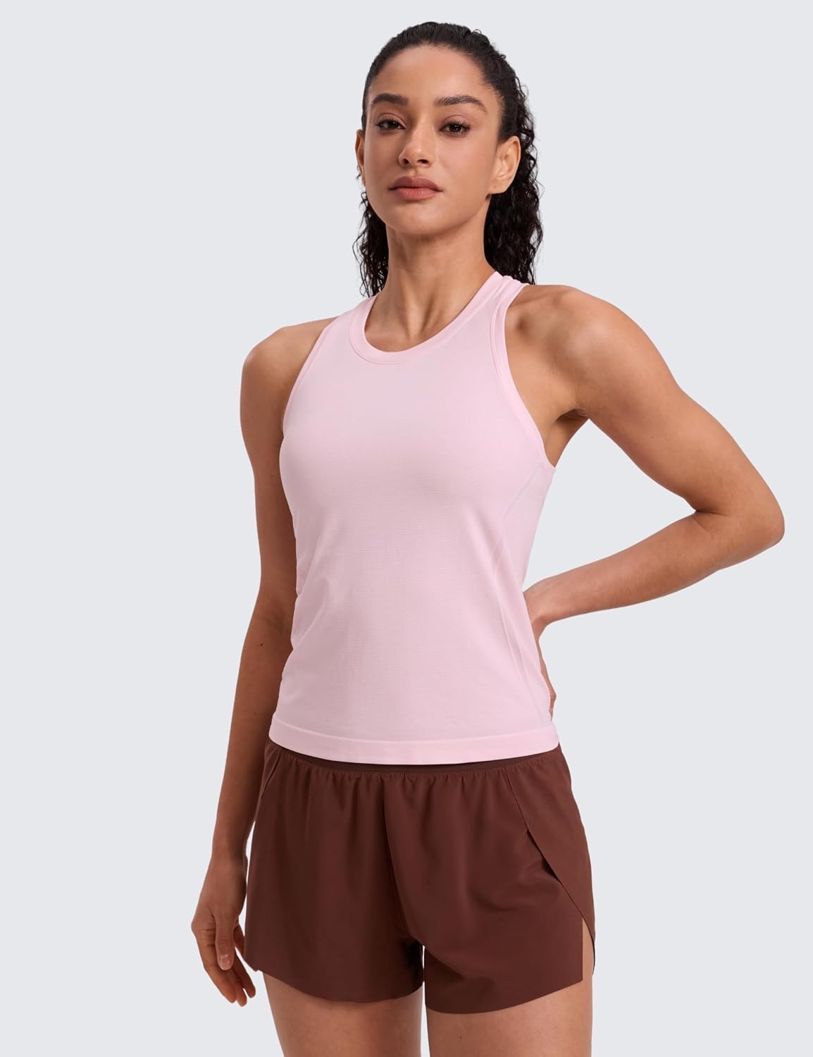 image:imageCRZ YOGA Seamless Workout Tank Tops for Women Athletic Running Gym Sleeveless Shirts Crewneck Racerback BreathableStrawberry Pink