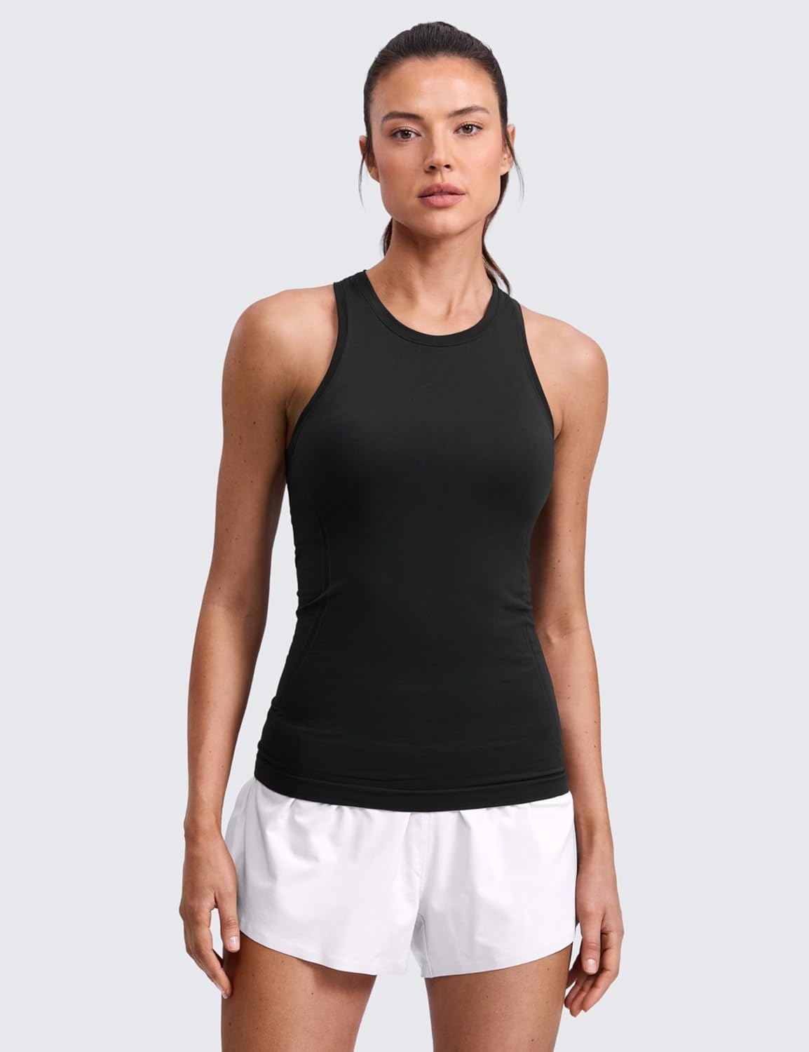 image:imageCRZ YOGA Seamless Workout Tank Tops for Women Hip Length Athletic Running Gym Sleeveless Shirts Racerback CrewneckBlack