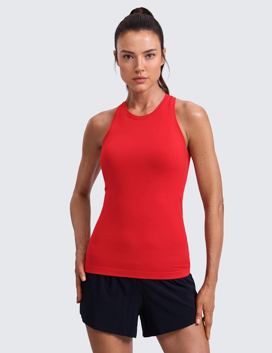 image:imageCRZ YOGA Seamless Workout Tank Tops for Women Hip Length Athletic Running Gym Sleeveless Shirts Racerback CrewneckDeep Red