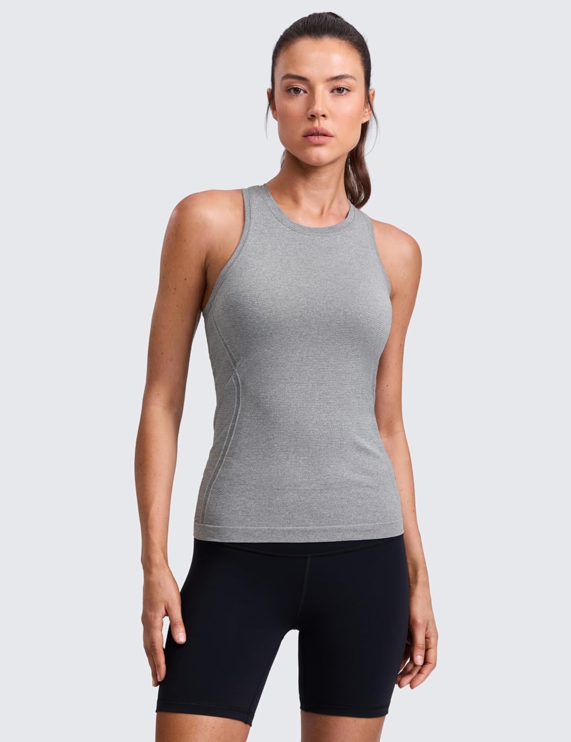 image:imageCRZ YOGA Seamless Workout Tank Tops for Women Hip Length Athletic Running Gym Sleeveless Shirts Racerback CrewneckSlate Grey Marl