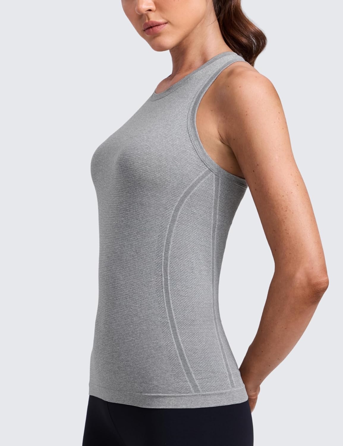 image:imageCRZ YOGA Seamless Workout Tank Tops for Women Hip Length Athletic Running Gym Sleeveless Shirts Racerback CrewneckSlate Grey Marl