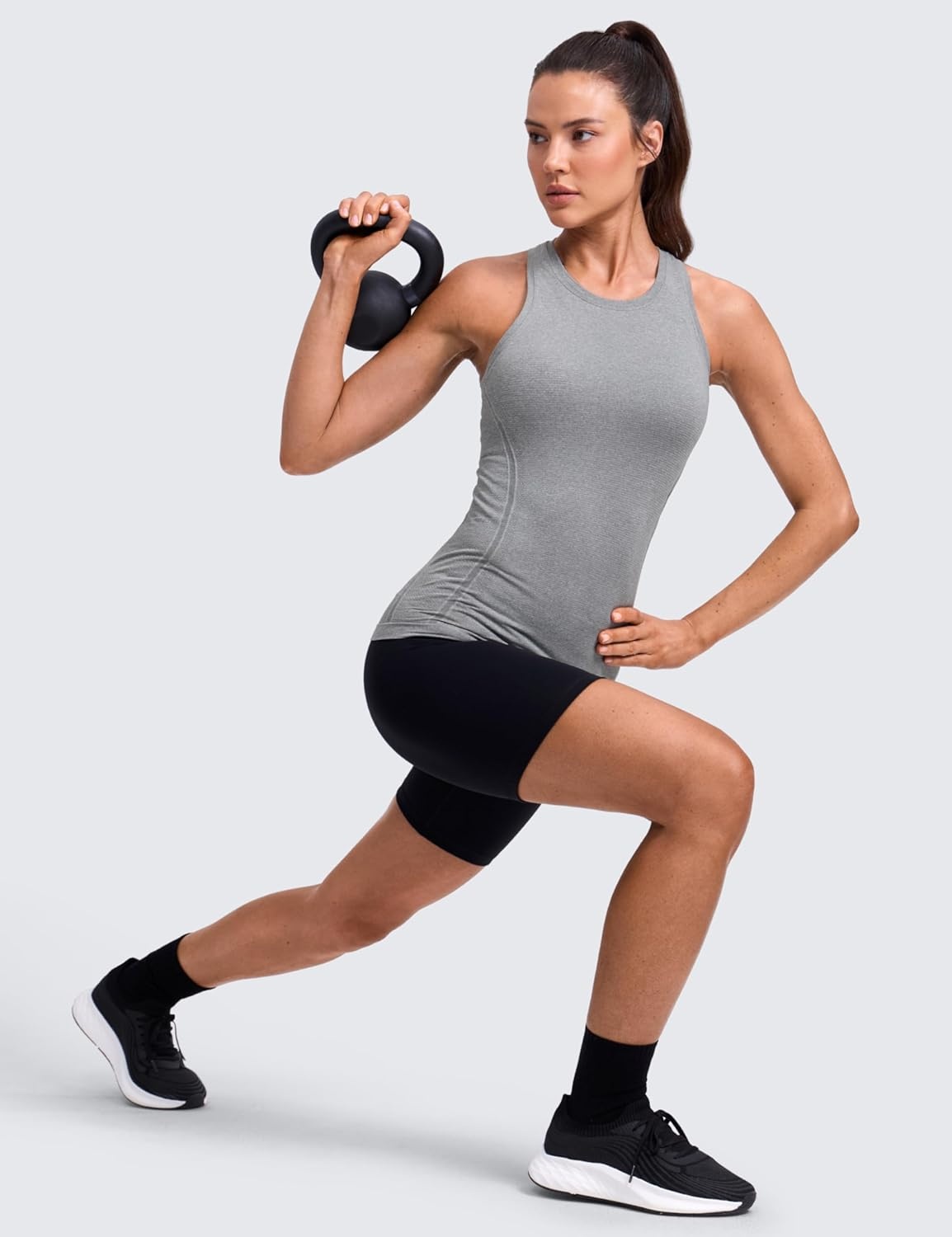 image:imageCRZ YOGA Seamless Workout Tank Tops for Women Hip Length Athletic Running Gym Sleeveless Shirts Racerback CrewneckSlate Grey Marl