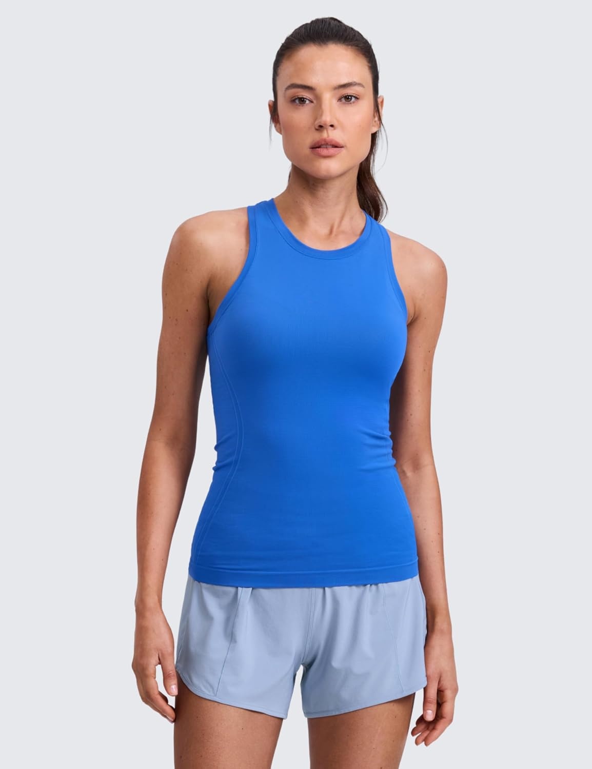 image:imageCRZ YOGA Seamless Workout Tank Tops for Women Hip Length Athletic Running Gym Sleeveless Shirts Racerback CrewneckSparkle Blue