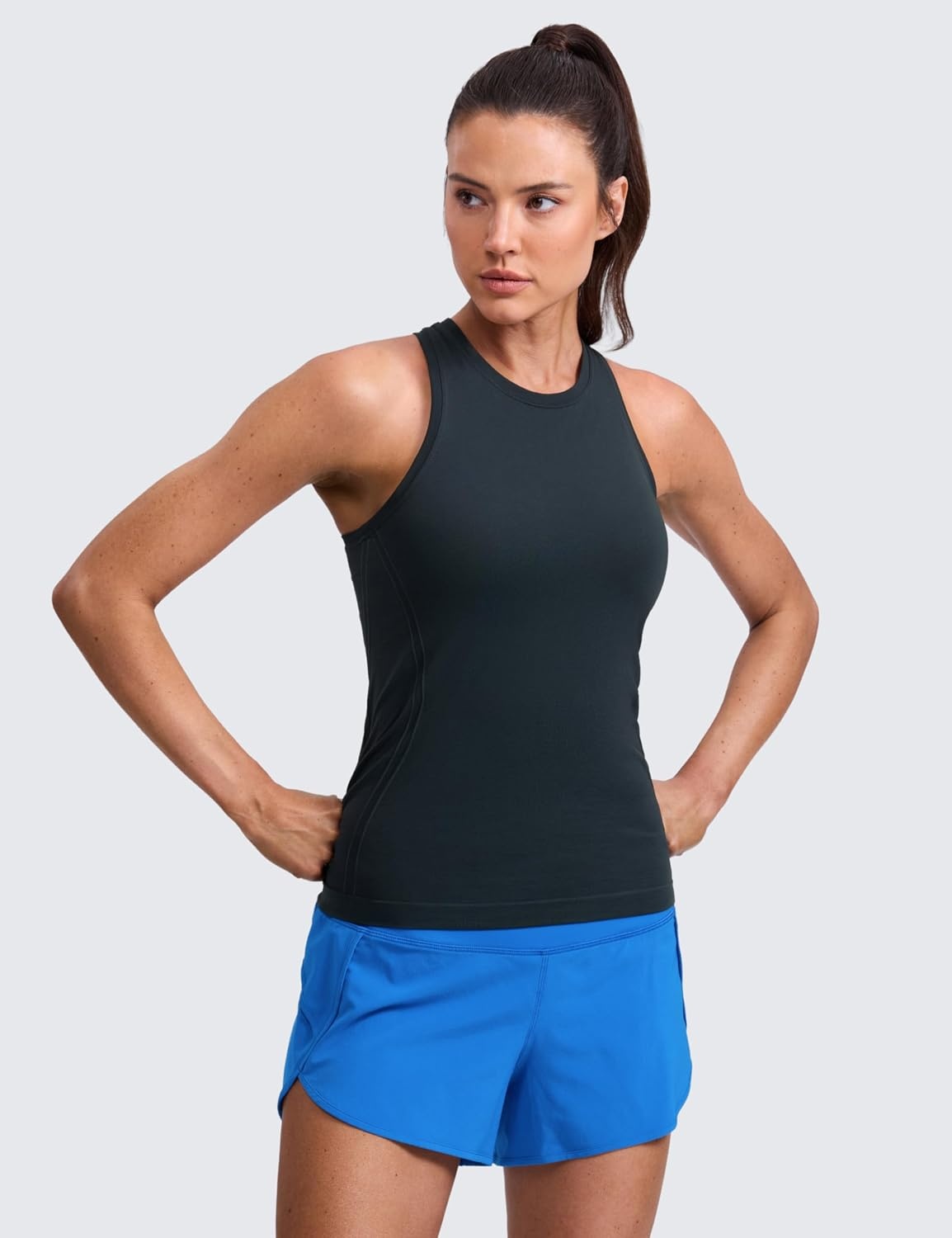 image:imageCRZ YOGA Seamless Workout Tank Tops for Women Hip Length Athletic Running Gym Sleeveless Shirts Racerback CrewneckTrue Navy