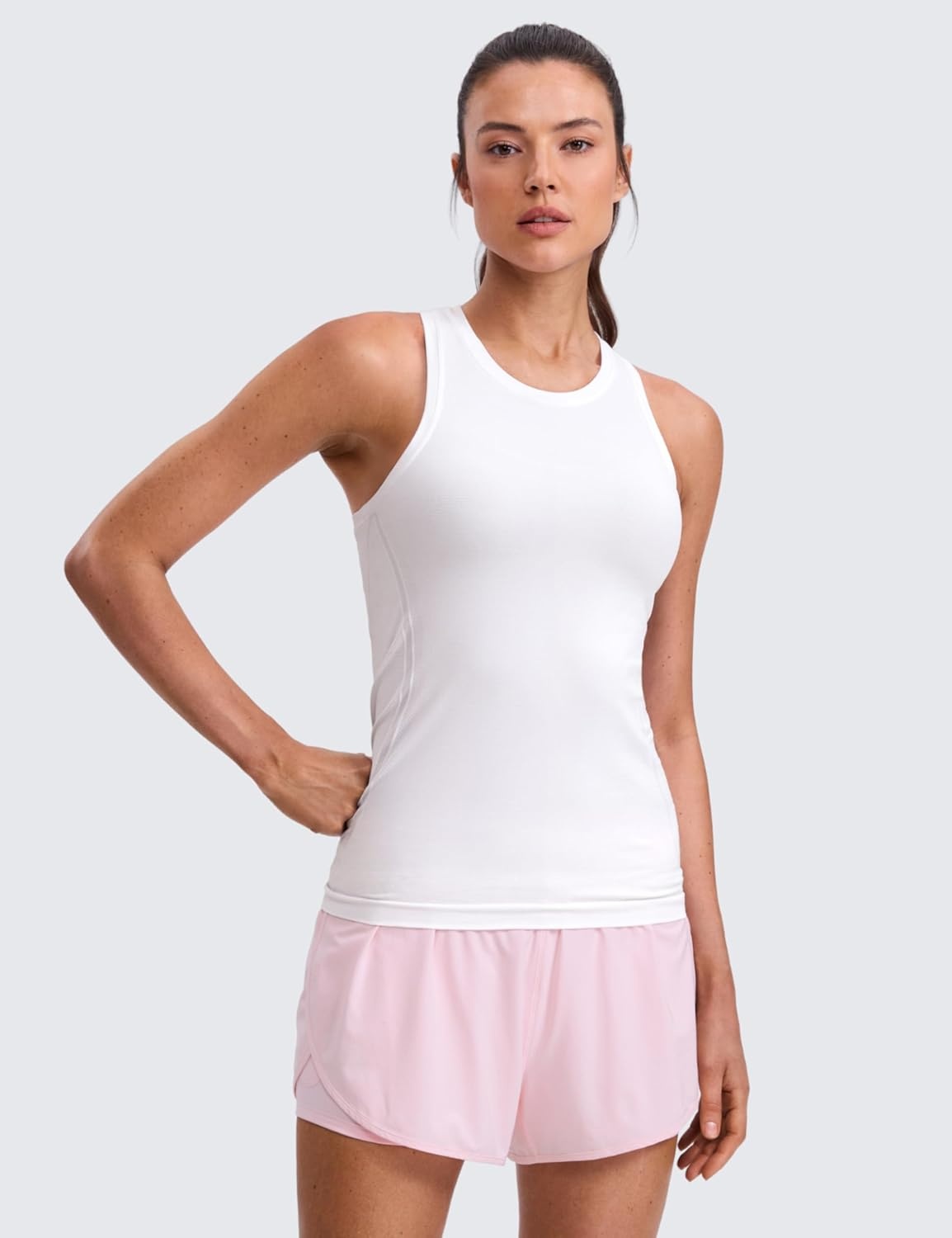 image:imageCRZ YOGA Seamless Workout Tank Tops for Women Hip Length Athletic Running Gym Sleeveless Shirts Racerback CrewneckWhite