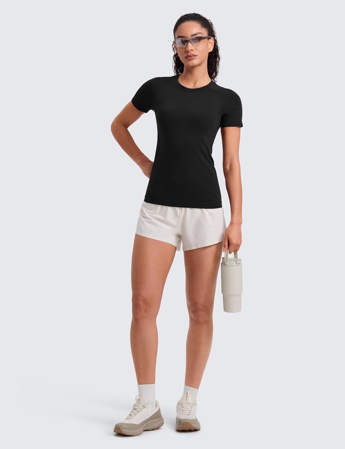 image:imageCRZ YOGA Seamless Workout Tops for Women Hip Length Athletic Running Gym Yoga Short Sleeve Shirts Breathable Crewneck TeesBlack