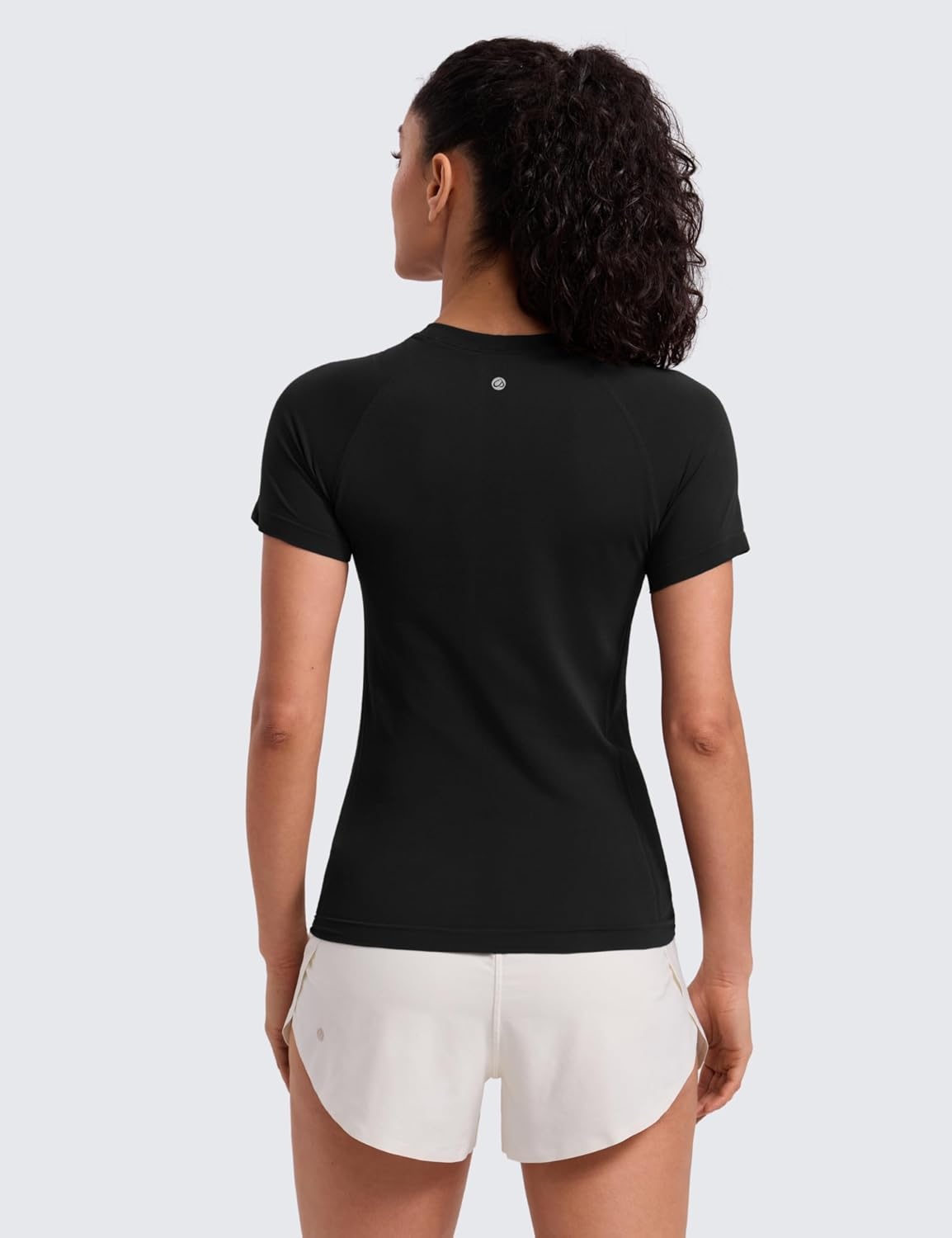 image:imageCRZ YOGA Seamless Workout Tops for Women Hip Length Athletic Running Gym Yoga Short Sleeve Shirts Breathable Crewneck TeesBlack