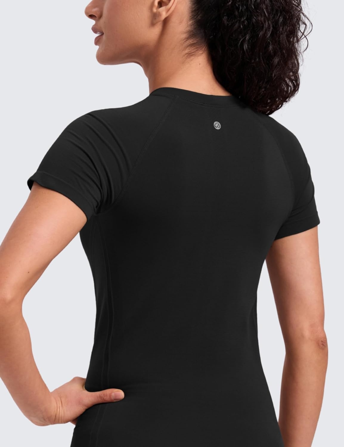 image:imageCRZ YOGA Seamless Workout Tops for Women Hip Length Athletic Running Gym Yoga Short Sleeve Shirts Breathable Crewneck TeesBlack