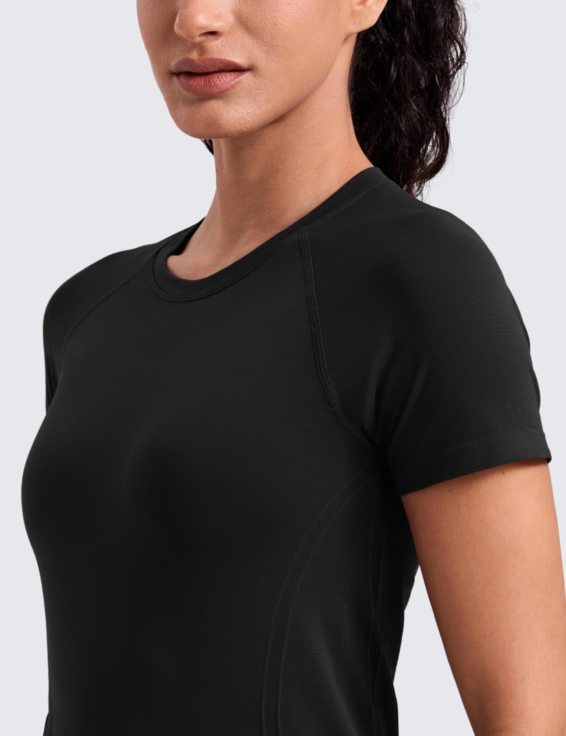 image:imageCRZ YOGA Seamless Workout Tops for Women Hip Length Athletic Running Gym Yoga Short Sleeve Shirts Breathable Crewneck TeesBlack