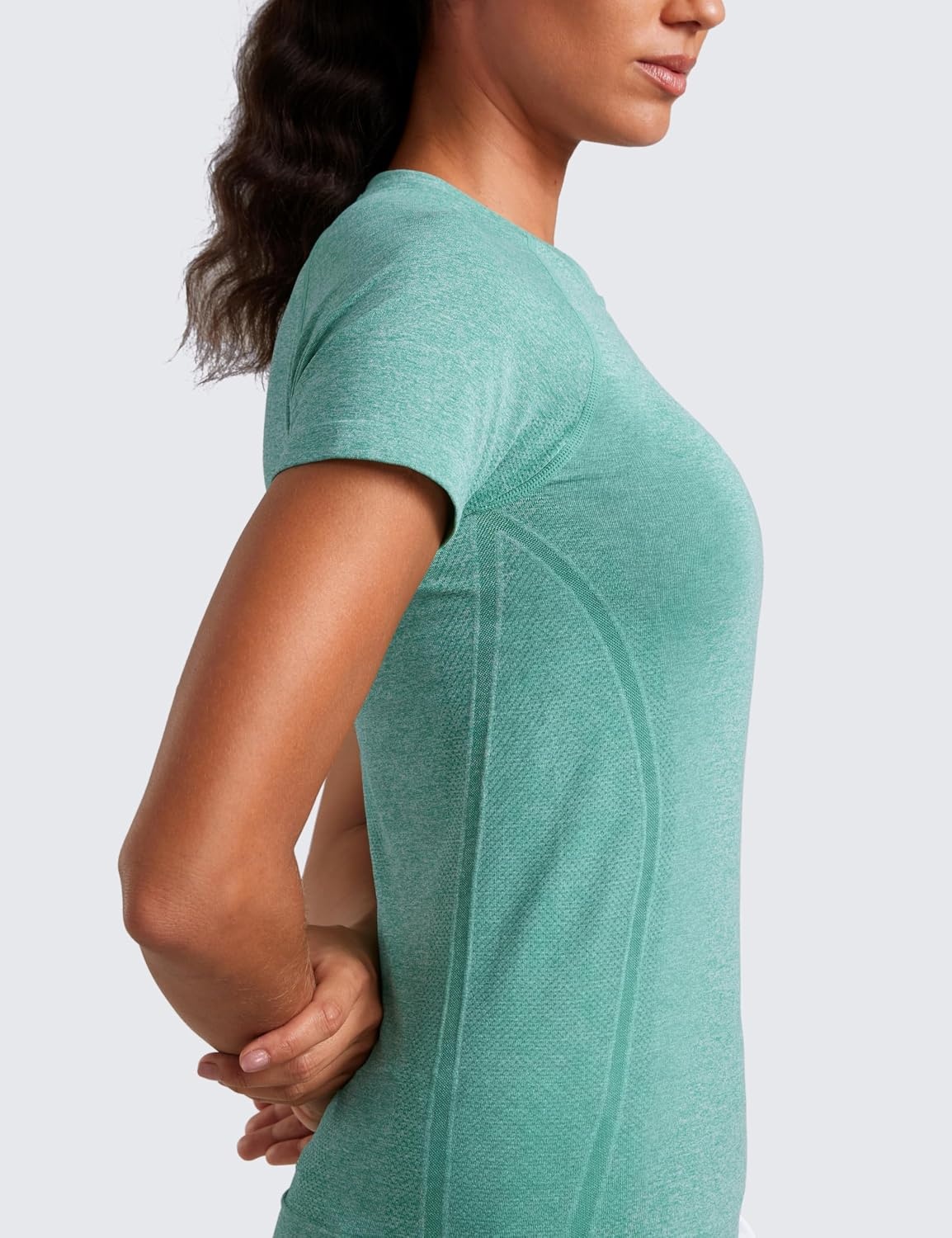 image:imageCRZ YOGA Seamless Workout Tops for Women Hip Length Athletic Running Gym Yoga Short Sleeve Shirts Breathable Crewneck TeesCascadia Green Heather