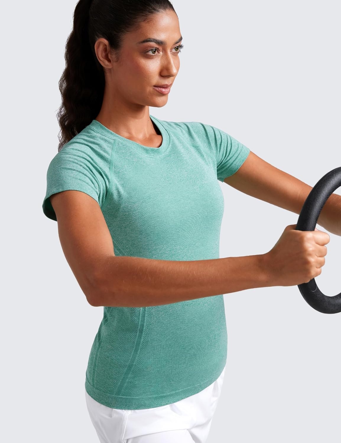 image:imageCRZ YOGA Seamless Workout Tops for Women Hip Length Athletic Running Gym Yoga Short Sleeve Shirts Breathable Crewneck TeesCascadia Green Heather