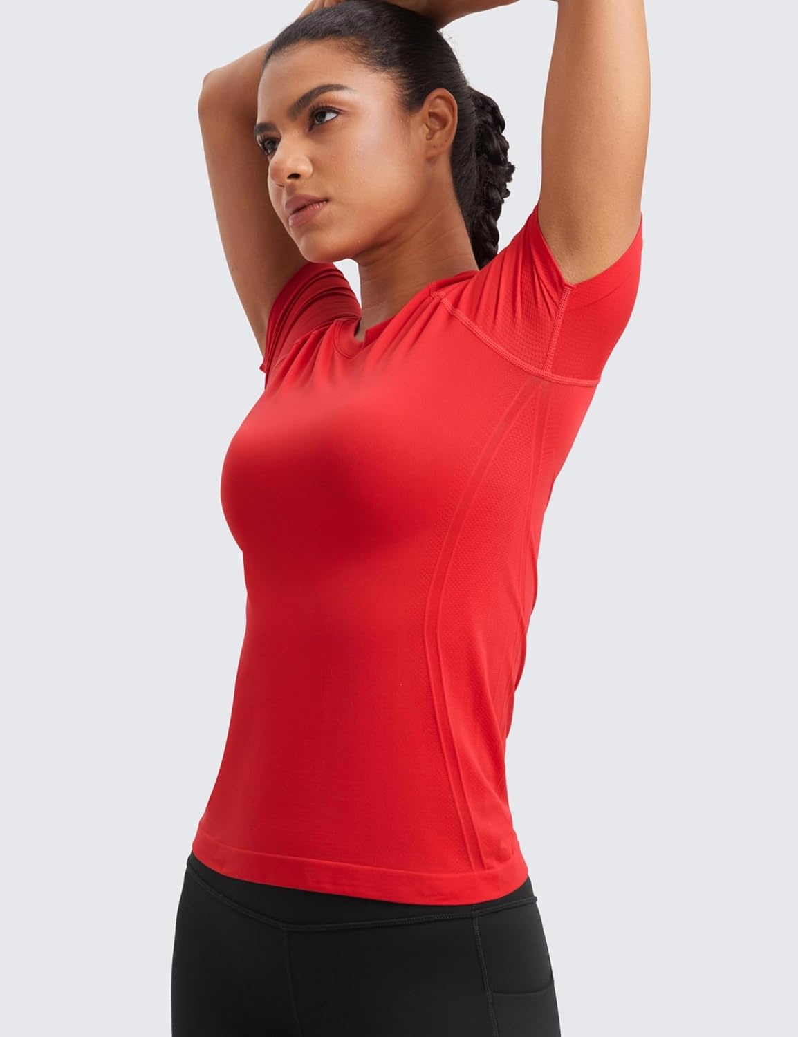 image:imageCRZ YOGA Seamless Workout Tops for Women Hip Length Athletic Running Gym Yoga Short Sleeve Shirts Breathable Crewneck TeesDeep Red
