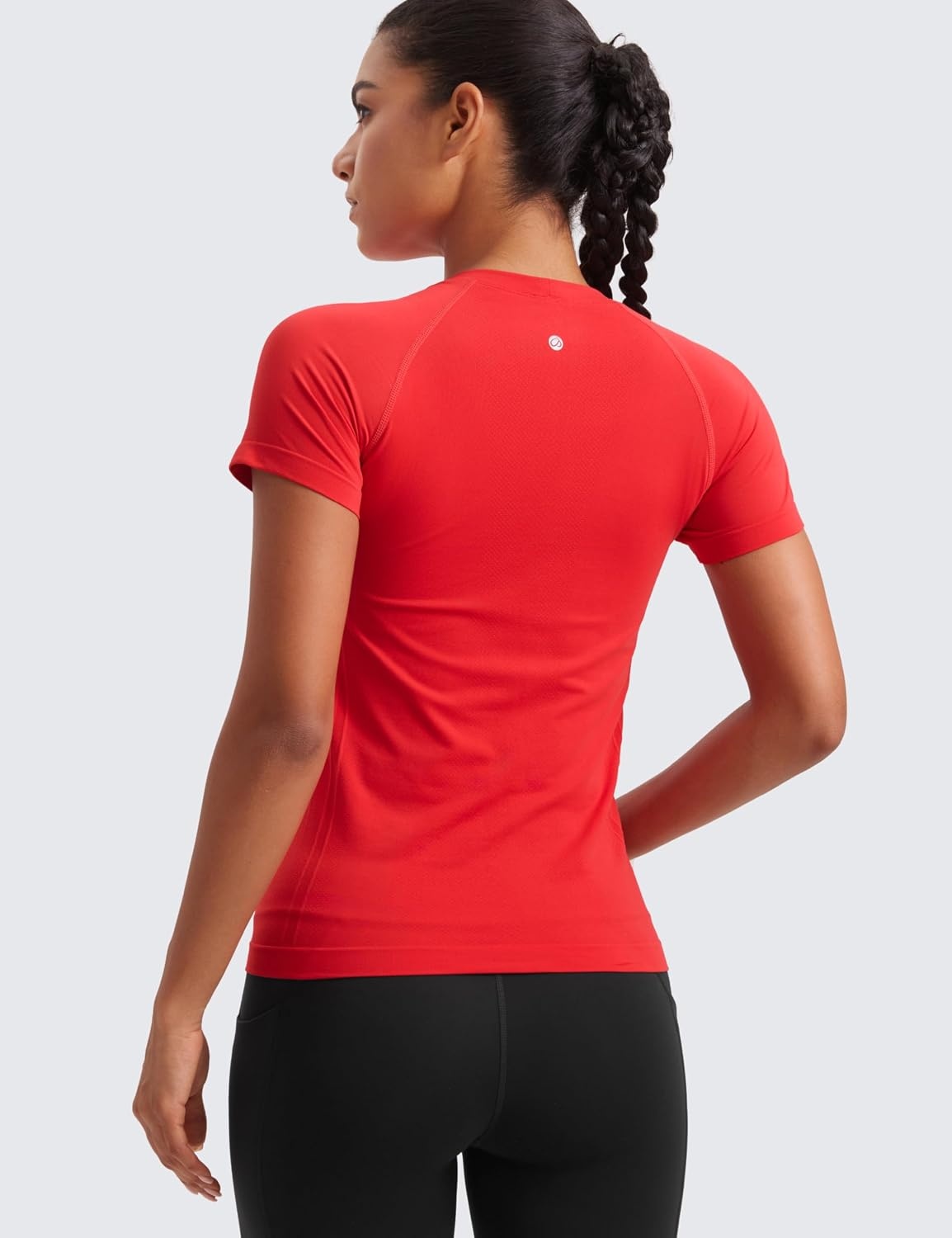 image:imageCRZ YOGA Seamless Workout Tops for Women Hip Length Athletic Running Gym Yoga Short Sleeve Shirts Breathable Crewneck TeesDeep Red