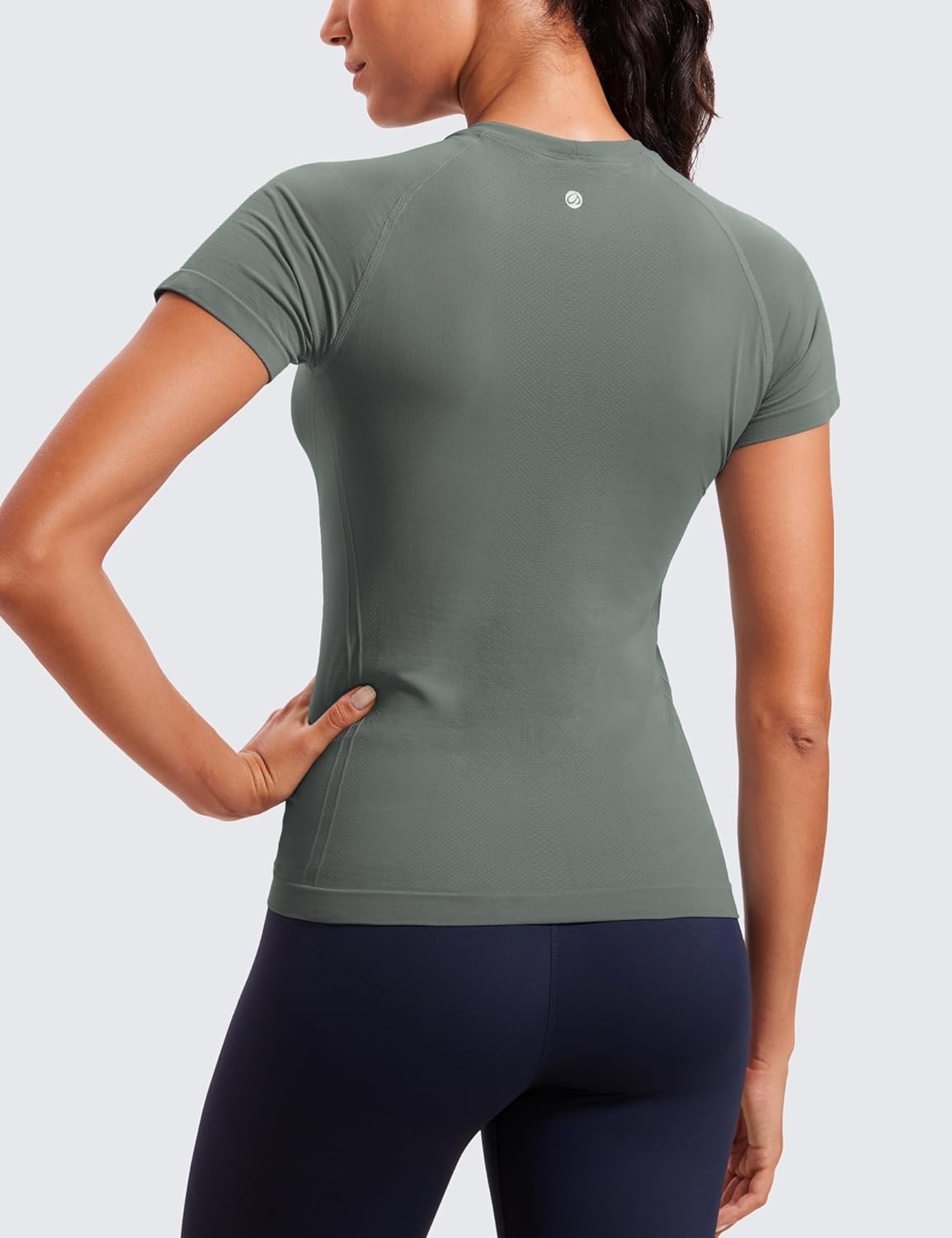 image:imageCRZ YOGA Seamless Workout Tops for Women Hip Length Athletic Running Gym Yoga Short Sleeve Shirts Breathable Crewneck TeesGrey Sage