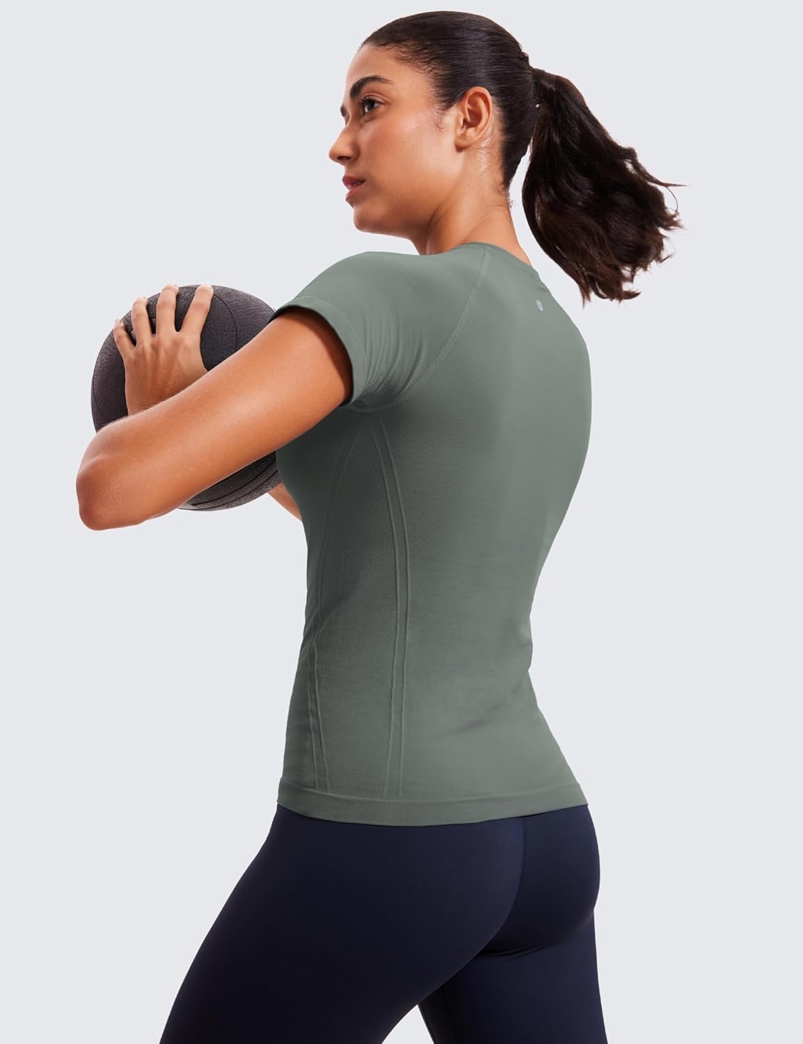 image:imageCRZ YOGA Seamless Workout Tops for Women Hip Length Athletic Running Gym Yoga Short Sleeve Shirts Breathable Crewneck TeesGrey Sage