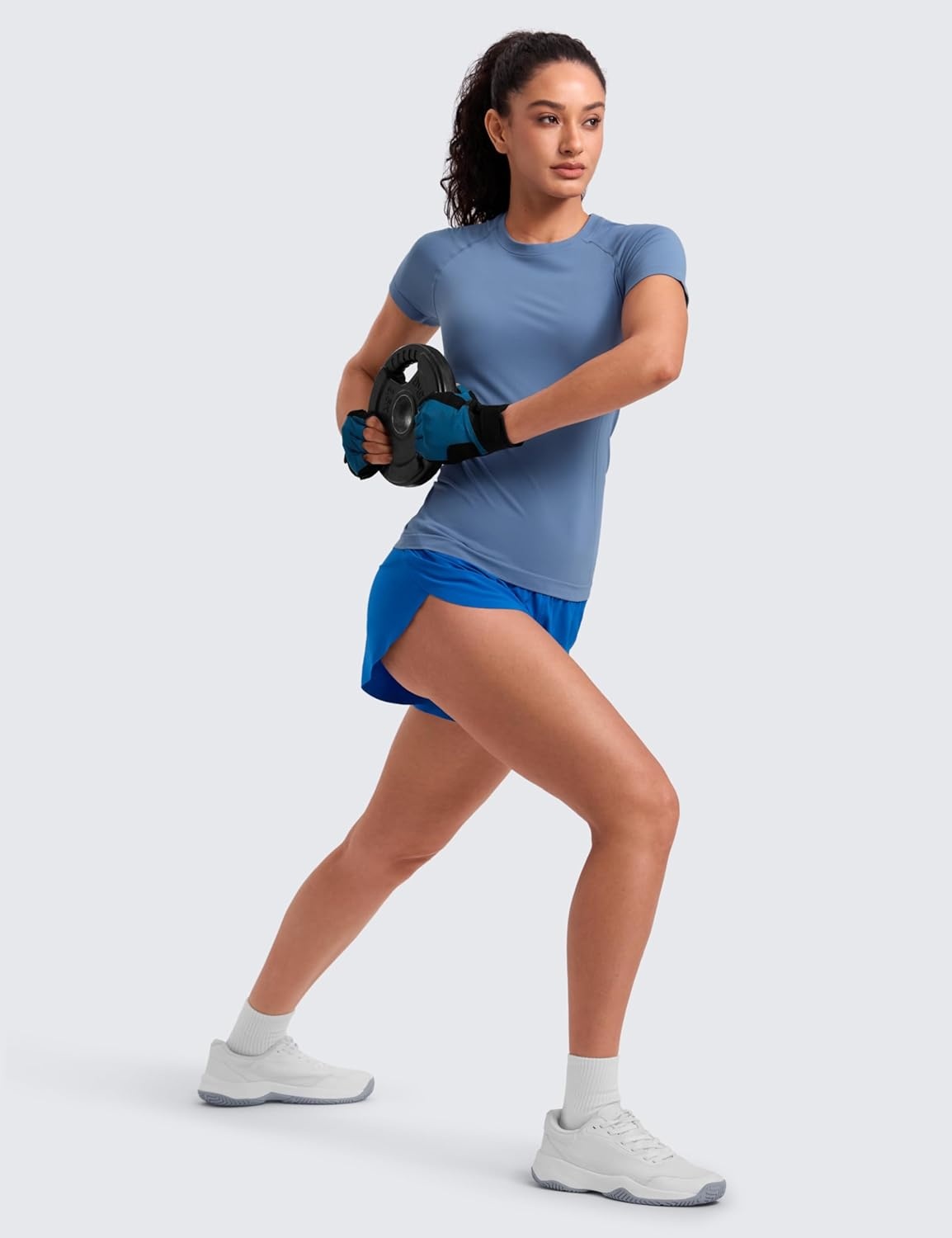 image:imageCRZ YOGA Seamless Workout Tops for Women Hip Length Athletic Running Gym Yoga Short Sleeve Shirts Breathable Crewneck TeesOasis Blue