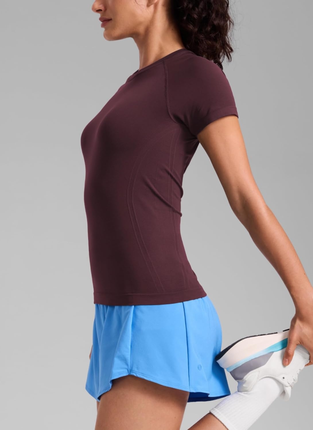 image:imageCRZ YOGA Seamless Workout Tops for Women Hip Length Athletic Running Gym Yoga Short Sleeve Shirts Breathable Crewneck TeesRipe Plum