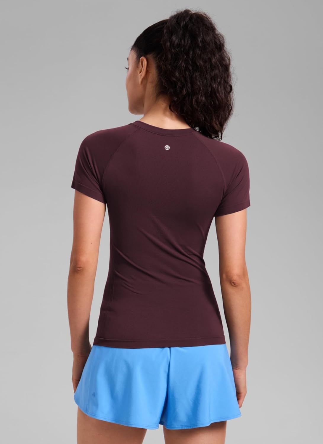 image:imageCRZ YOGA Seamless Workout Tops for Women Hip Length Athletic Running Gym Yoga Short Sleeve Shirts Breathable Crewneck TeesRipe Plum