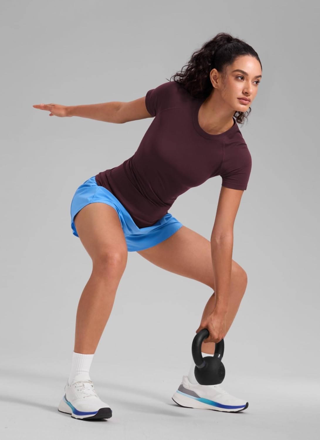 image:imageCRZ YOGA Seamless Workout Tops for Women Hip Length Athletic Running Gym Yoga Short Sleeve Shirts Breathable Crewneck TeesRipe Plum