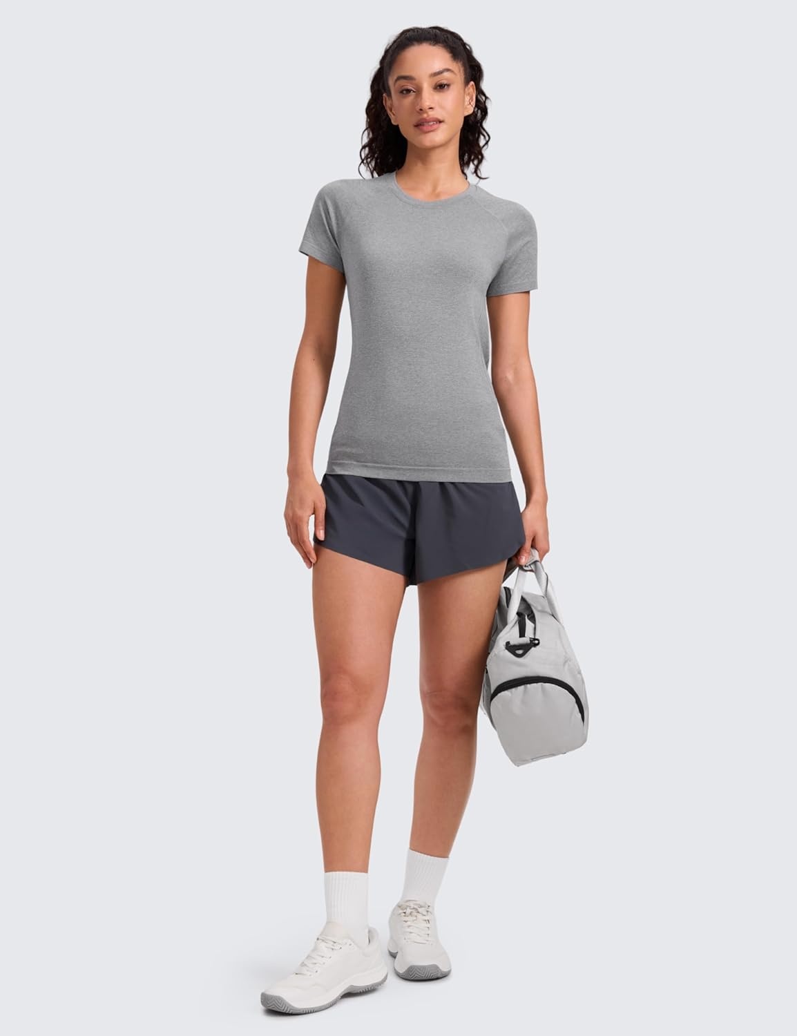 image:imageCRZ YOGA Seamless Workout Tops for Women Hip Length Athletic Running Gym Yoga Short Sleeve Shirts Breathable Crewneck TeesSlate Grey Marl