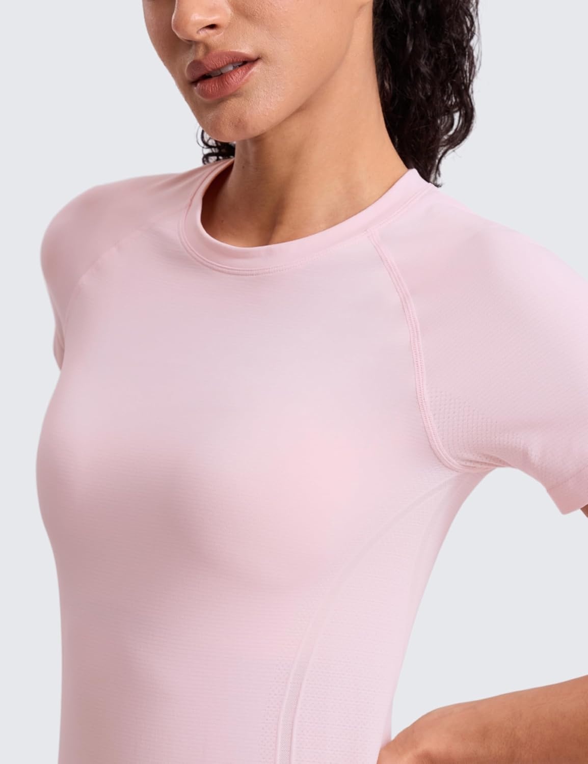image:imageCRZ YOGA Seamless Workout Tops for Women Hip Length Athletic Running Gym Yoga Short Sleeve Shirts Breathable Crewneck TeesStrawberry Pink