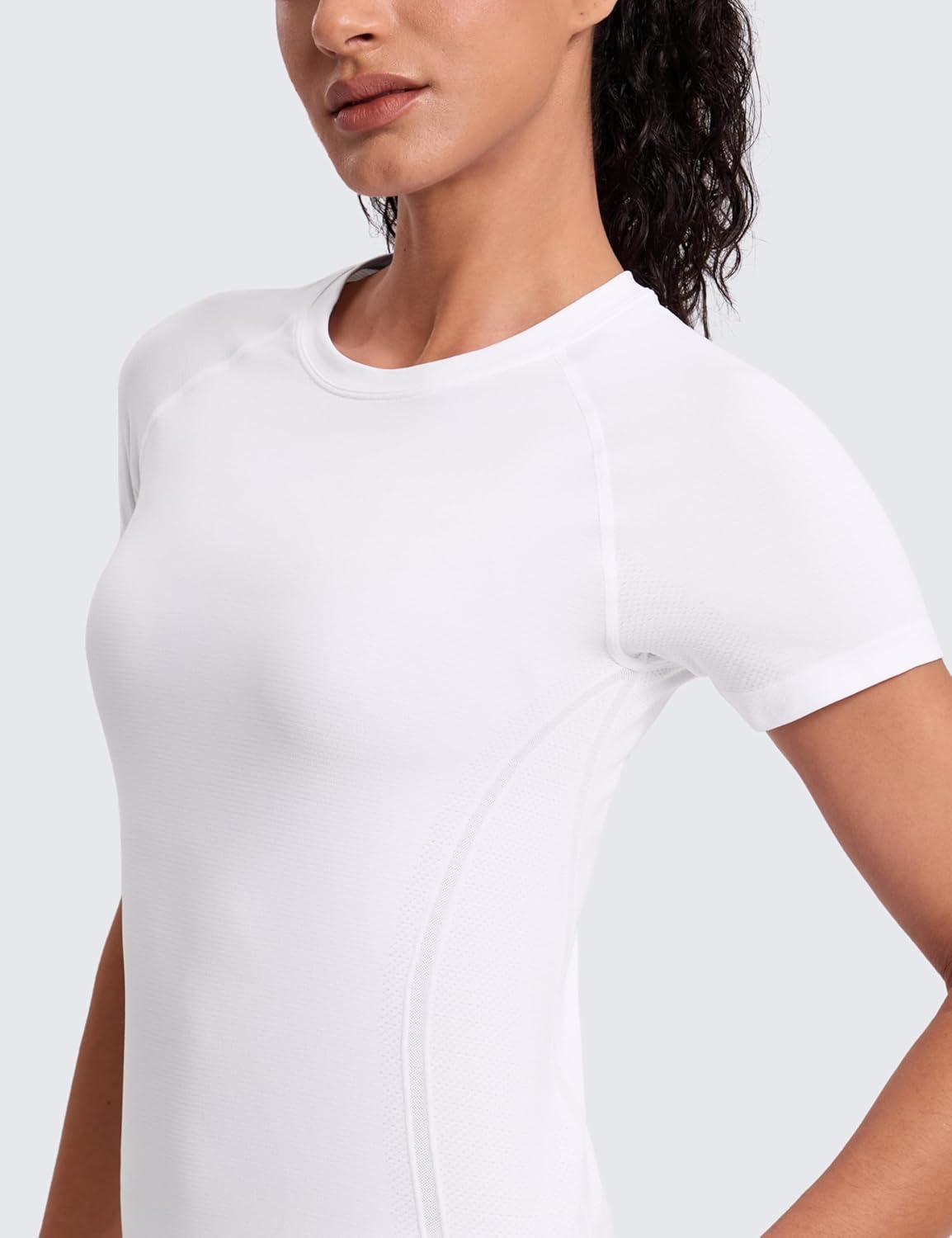 image:imageCRZ YOGA Seamless Workout Tops for Women Hip Length Athletic Running Gym Yoga Short Sleeve Shirts Breathable Crewneck TeesWhite