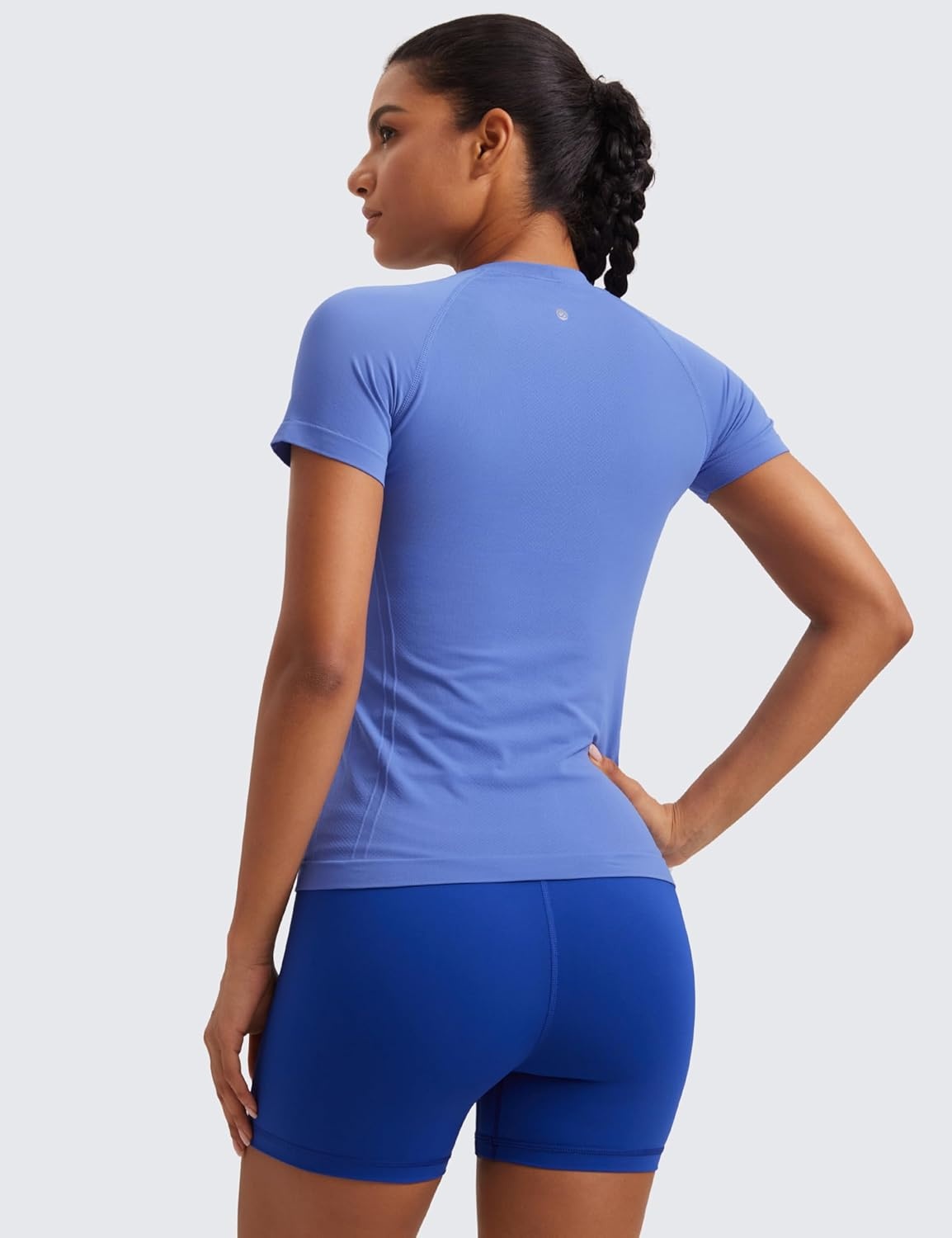 image:imageCRZ YOGA Seamless Workout Tops for Women Hip Length Athletic Running Gym Yoga Short Sleeve Shirts Breathable Crewneck TeesWild Indigo