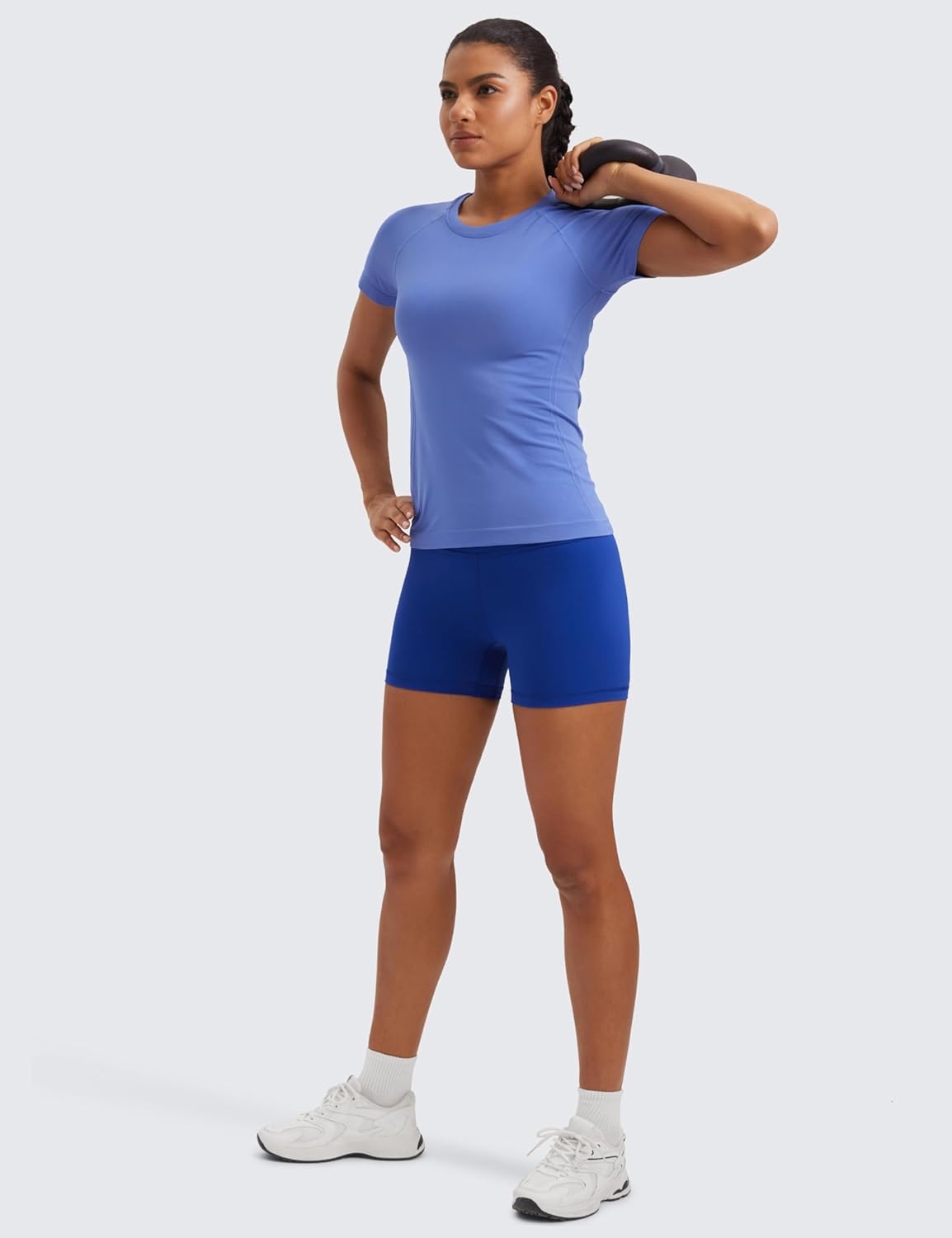 image:imageCRZ YOGA Seamless Workout Tops for Women Hip Length Athletic Running Gym Yoga Short Sleeve Shirts Breathable Crewneck TeesWild Indigo
