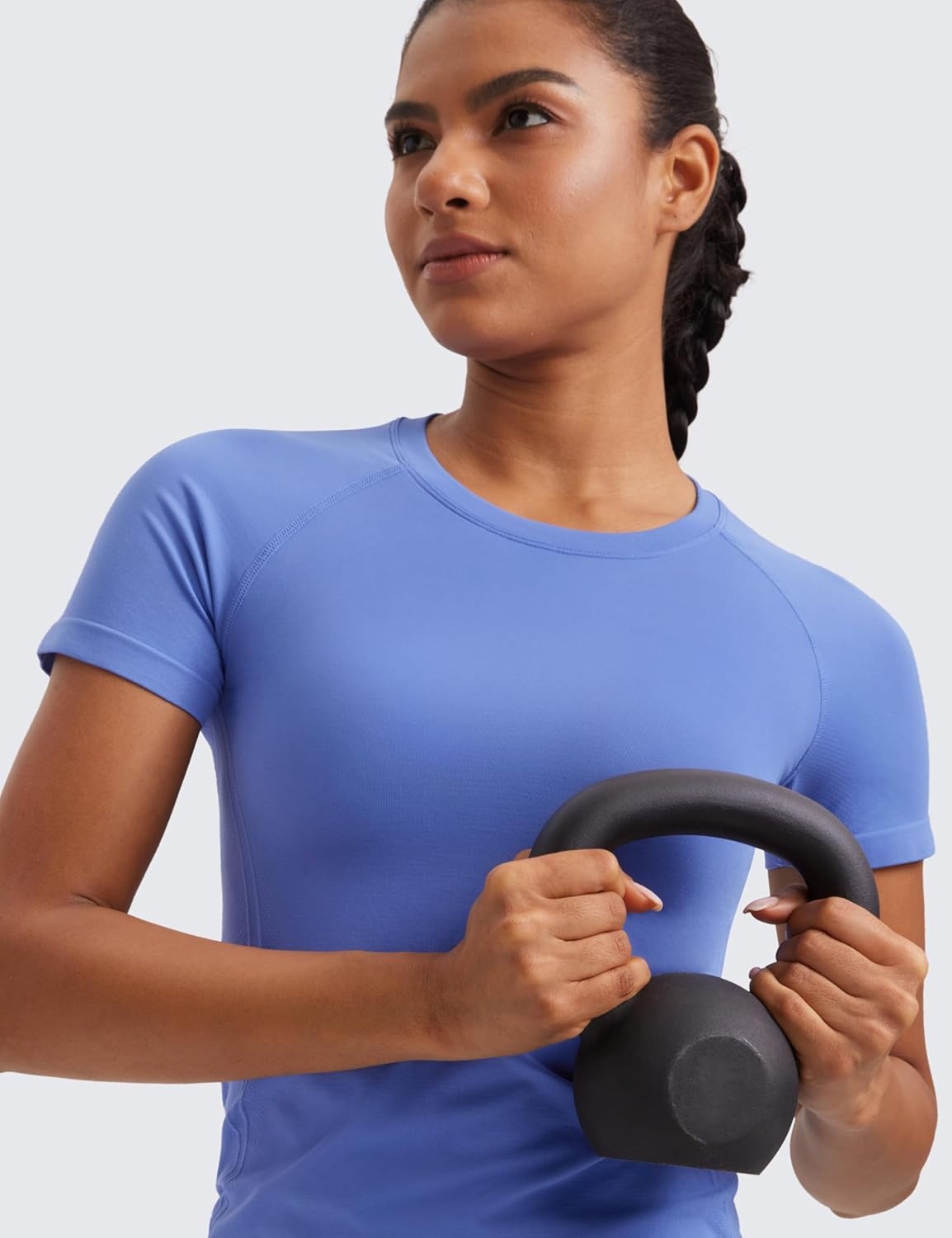 image:imageCRZ YOGA Seamless Workout Tops for Women Hip Length Athletic Running Gym Yoga Short Sleeve Shirts Breathable Crewneck TeesWild Indigo