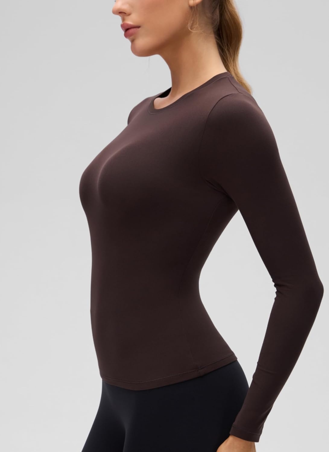 image:imageCRZ YOGA Softembrace Crewneck Long Sleeve Shirts for Women Workout Casual Going Out Tops Soft Fitted Tight Fall TShirtsHot Fudge Brown