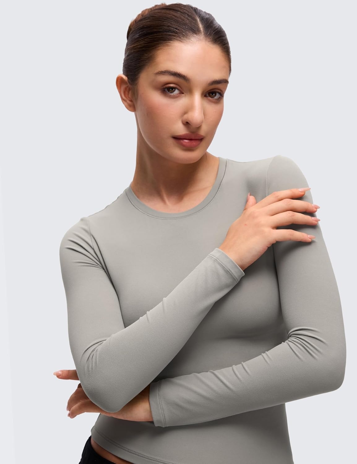 image:imageCRZ YOGA Softembrace Crewneck Long Sleeve Shirts for Women Workout Casual Going Out Tops Soft Fitted Tight Fall TShirtsRocky Grey