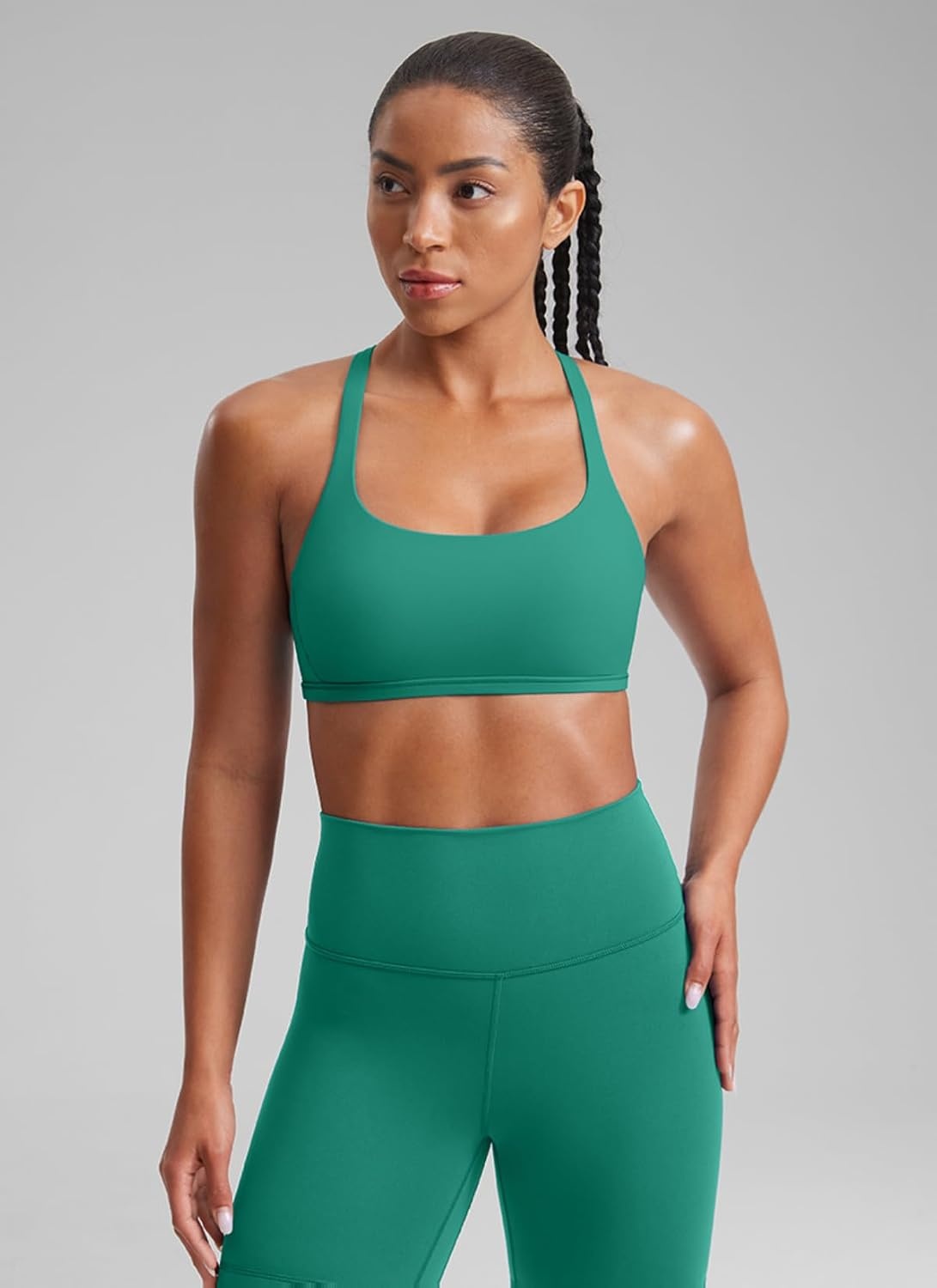 image:imageCRZ YOGA Womens Naked Feeling Criss Cross Sports Bra Strappy Back Padded Medium Support Wireless Gym Cami Workout YogaCascadia Green