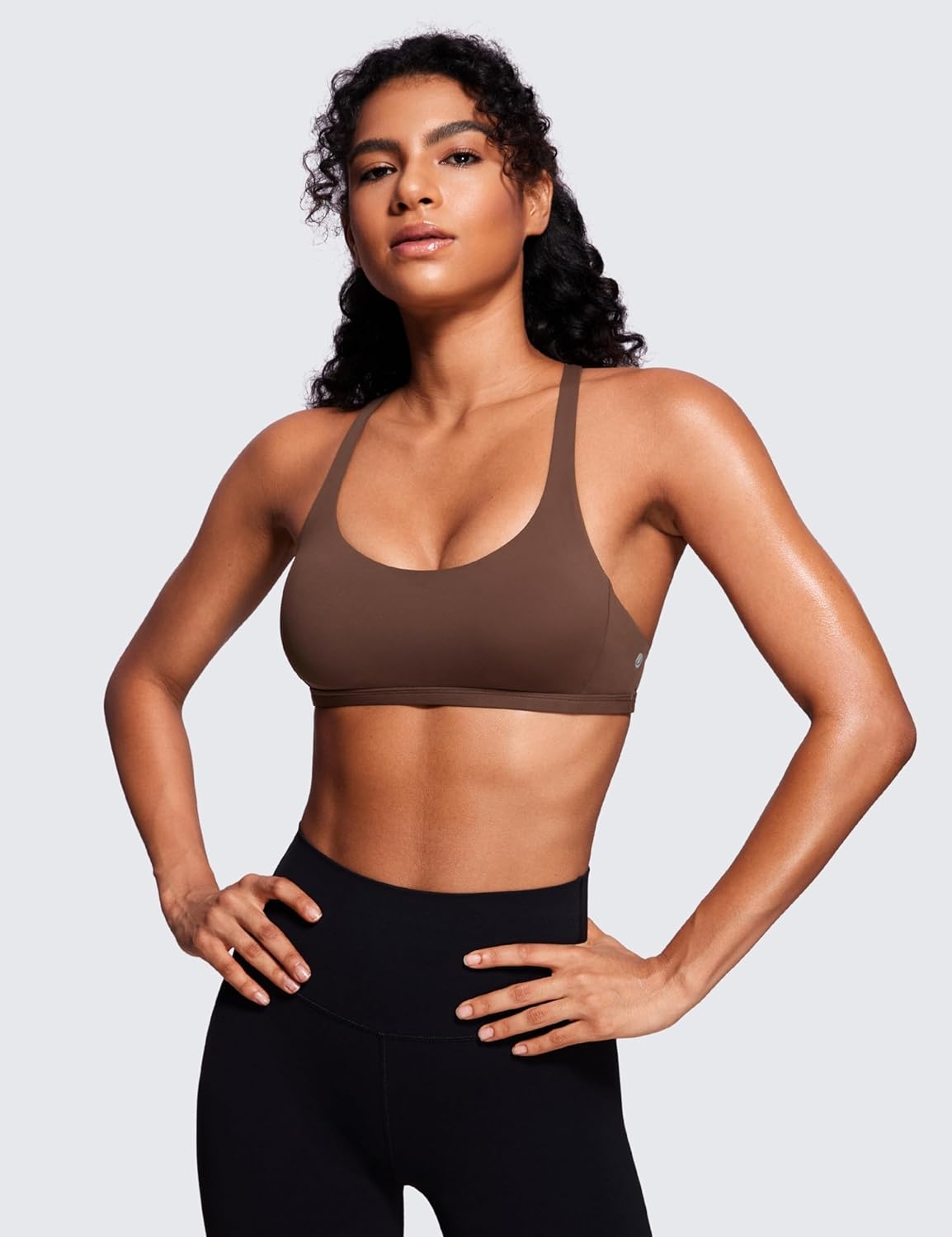 image:imageCRZ YOGA Womens Naked Feeling Criss Cross Sports Bra Strappy Back Padded Medium Support Wireless Gym Cami Workout YogaCoffee Brown